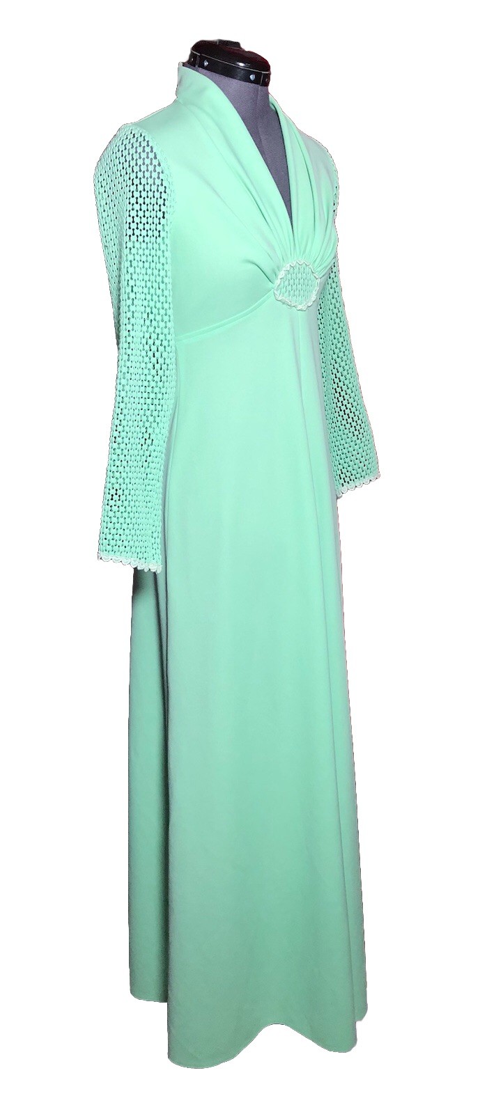 Vtg 70s Maxi Dress Mint Green Empire Waist Mod Gown Small 34-28-44