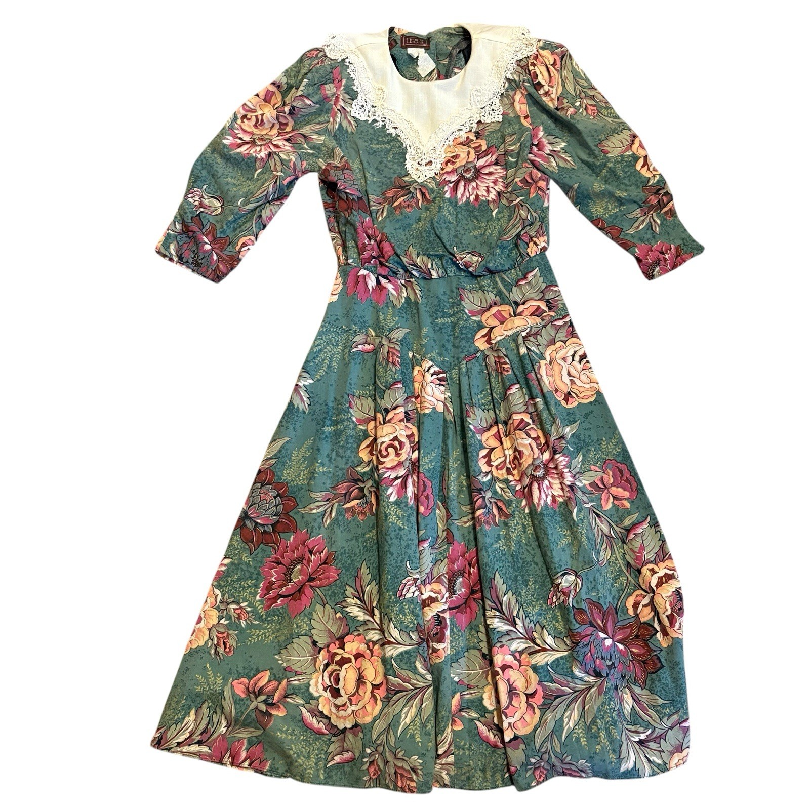 Vtg 80s Lisa II Pink Sage Green Floral Cotton Cottage Core Tea Dress Lace Small
