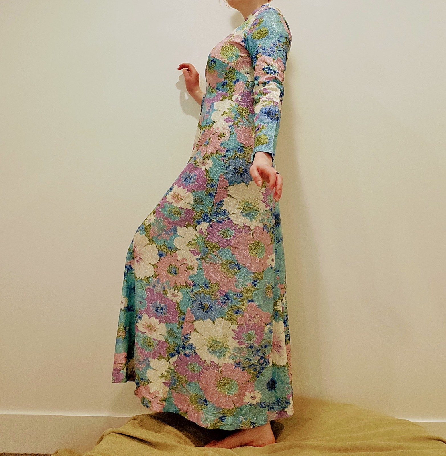 60s VTG Sparkle Psychedelic Purple Green White Floral Dress Md Maxi Mermaid