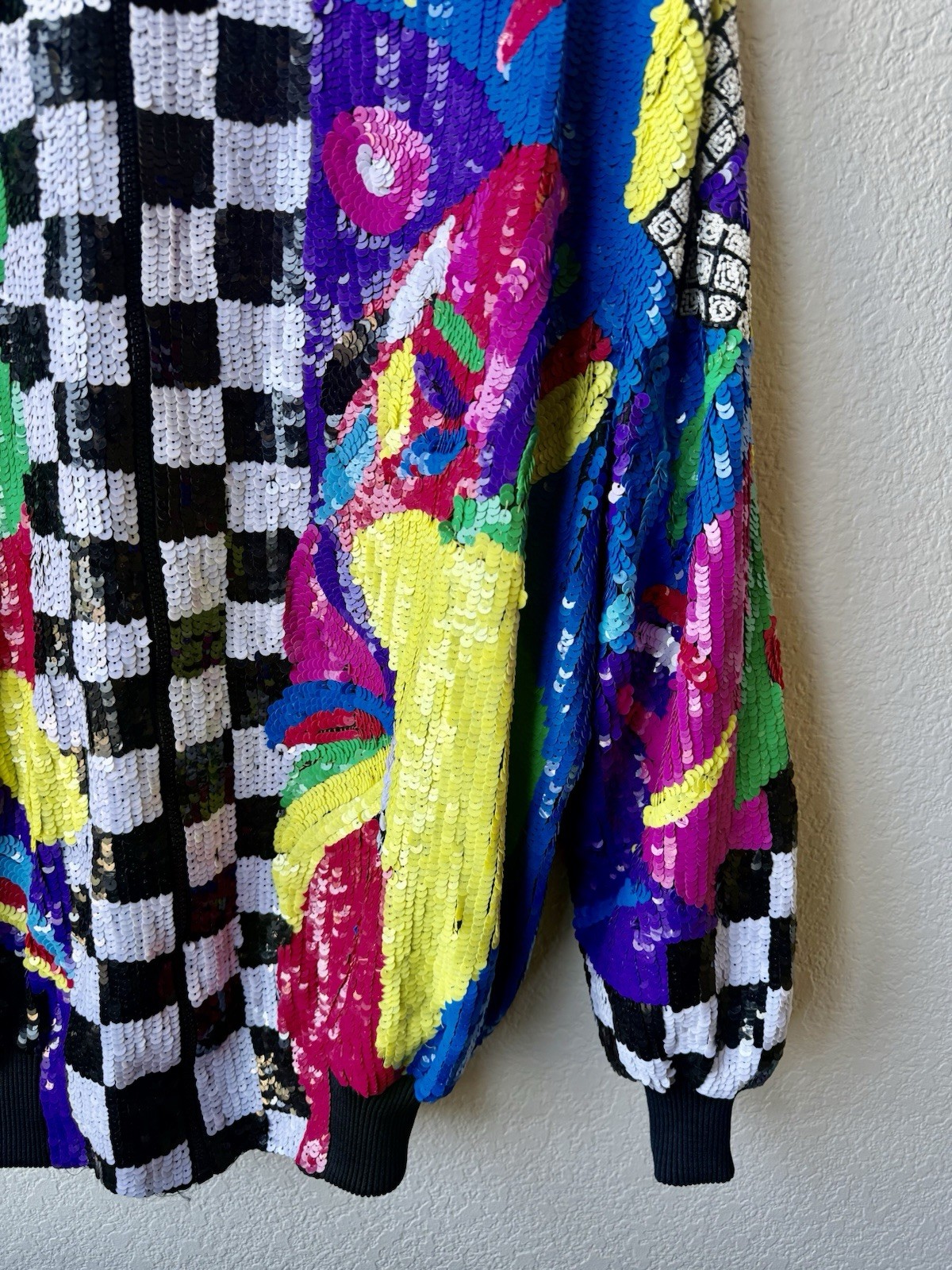 Vintage 80s Sequin Beaded Colorblock Art Deco Zip Jacket Statement Coat Glam XL