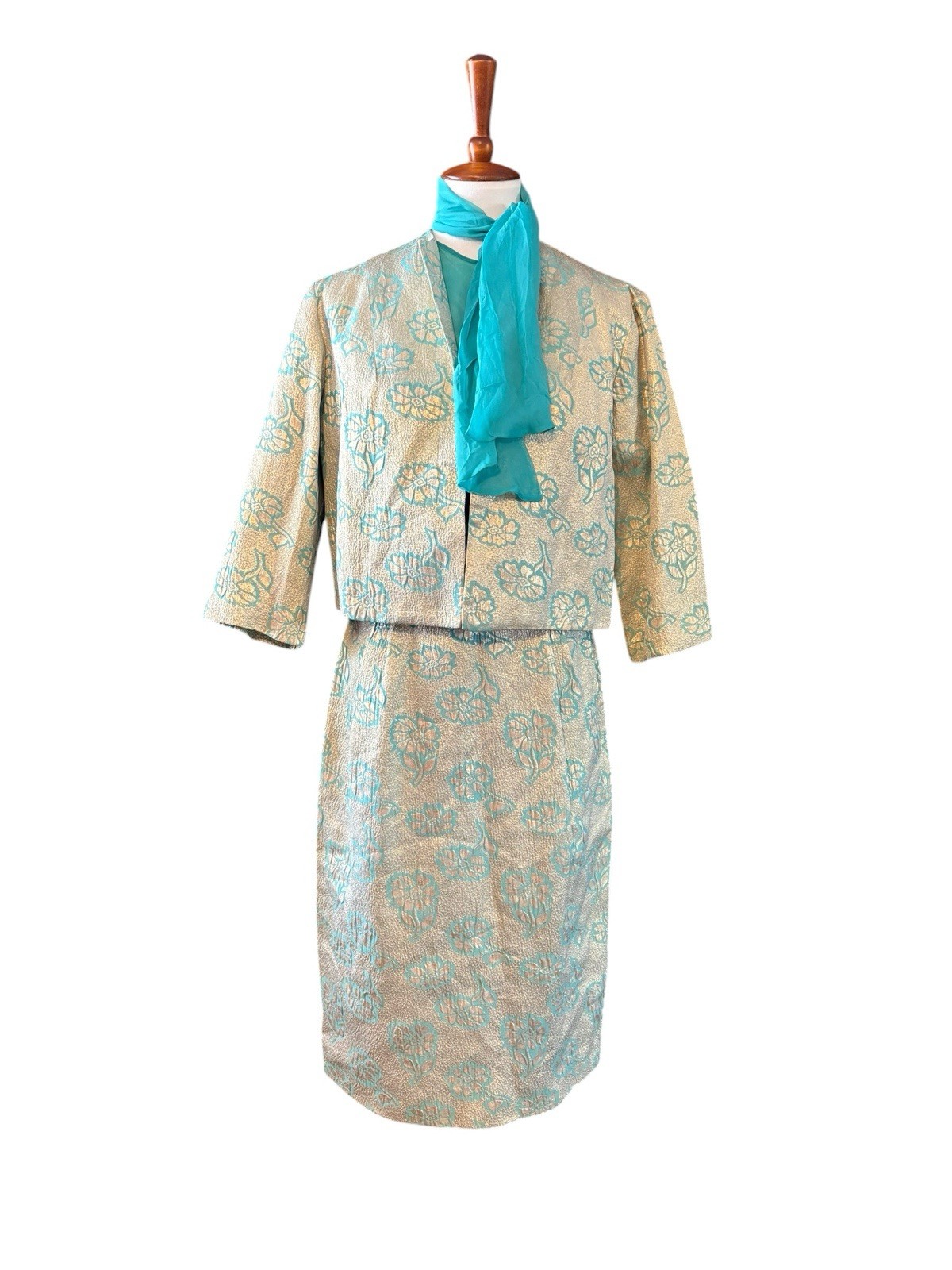 Vtg 60s Wiggle Dress Bow Cocktail Party Wedding Elegant Turquoise Gold Small