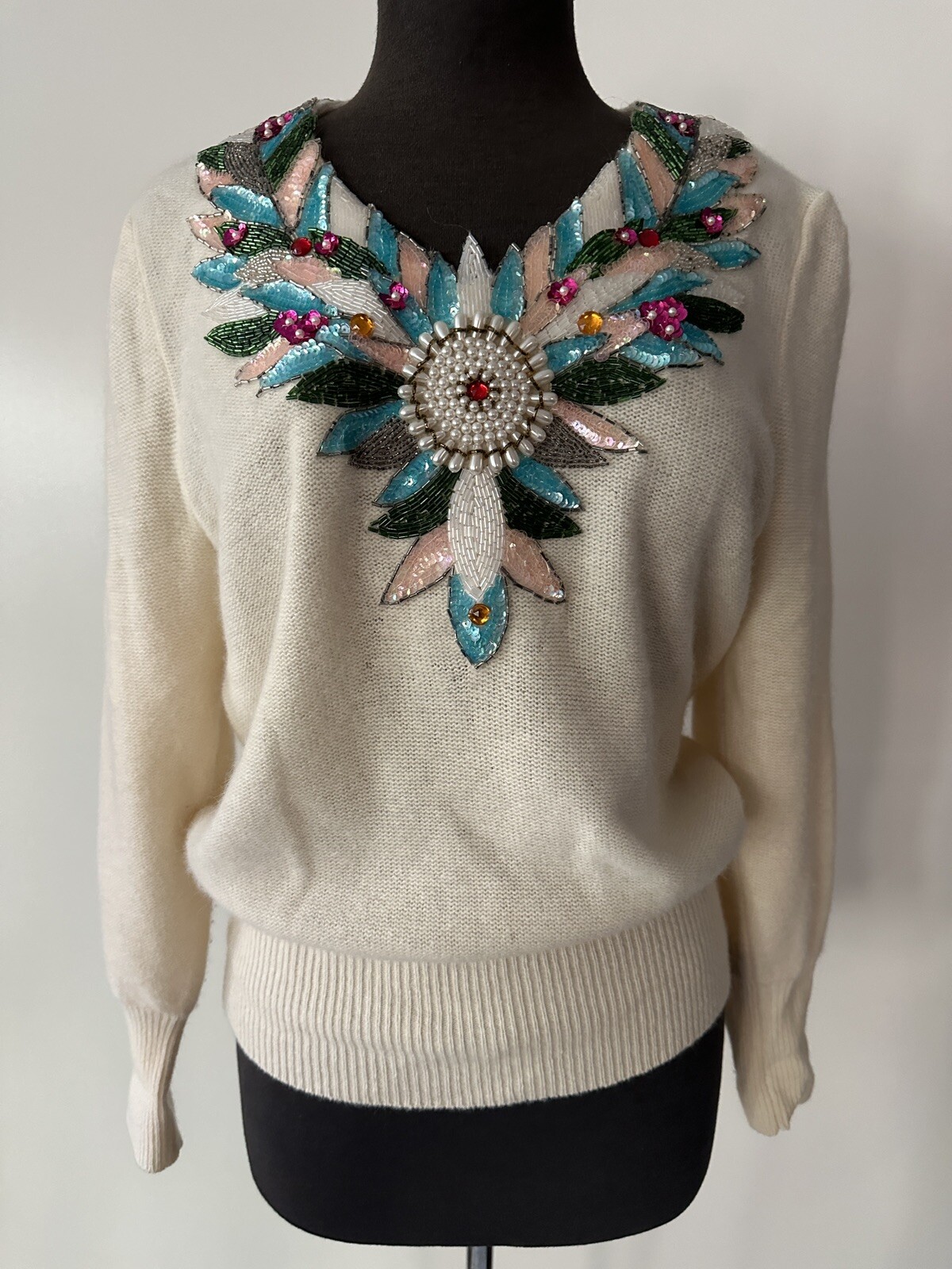 Vintage Sequin Spree International Angora Lambswool Sweater Cream Small WOW Read