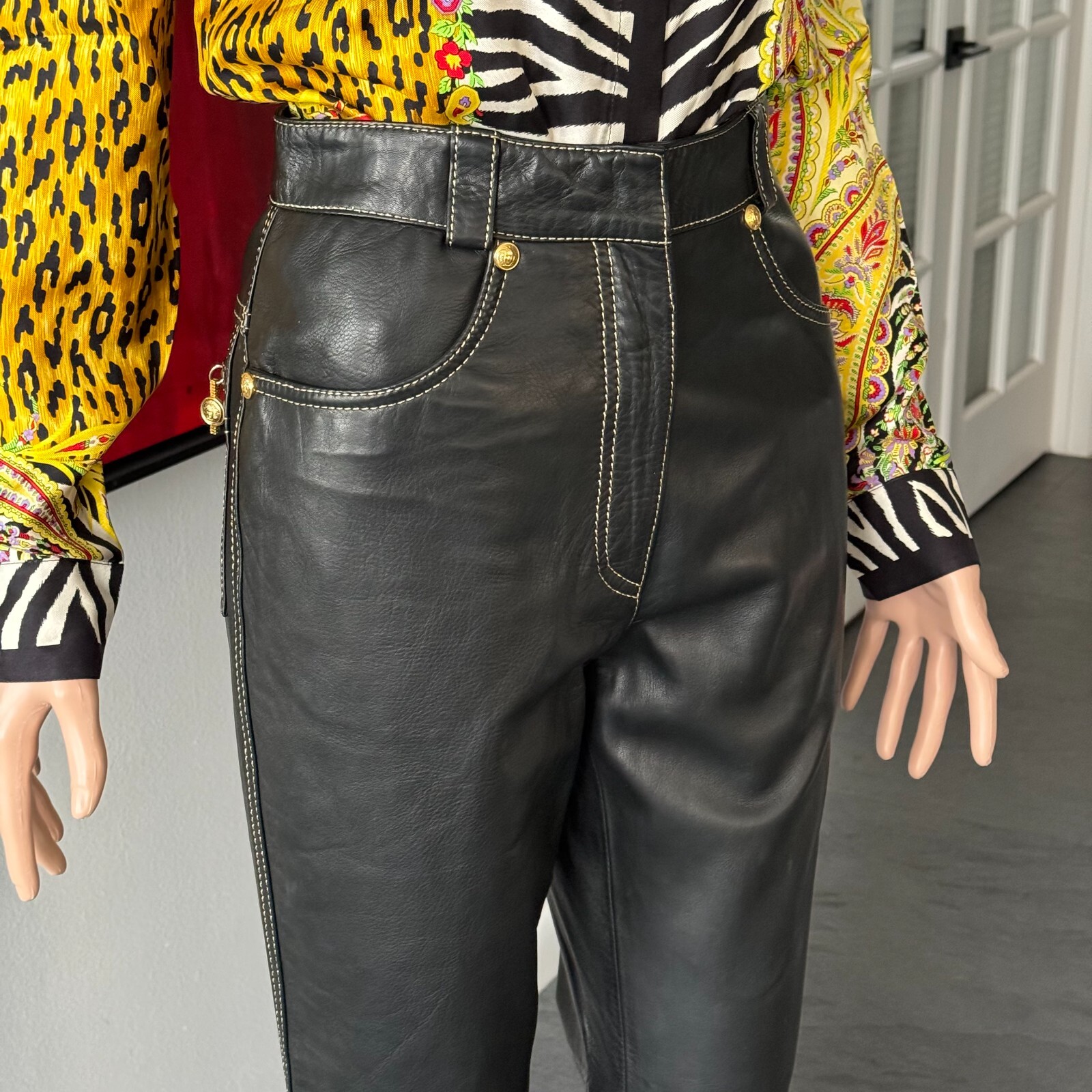 GIANNI VERSACE black leather pants w/ gold stitch size IT 42 from F/W 1992/93