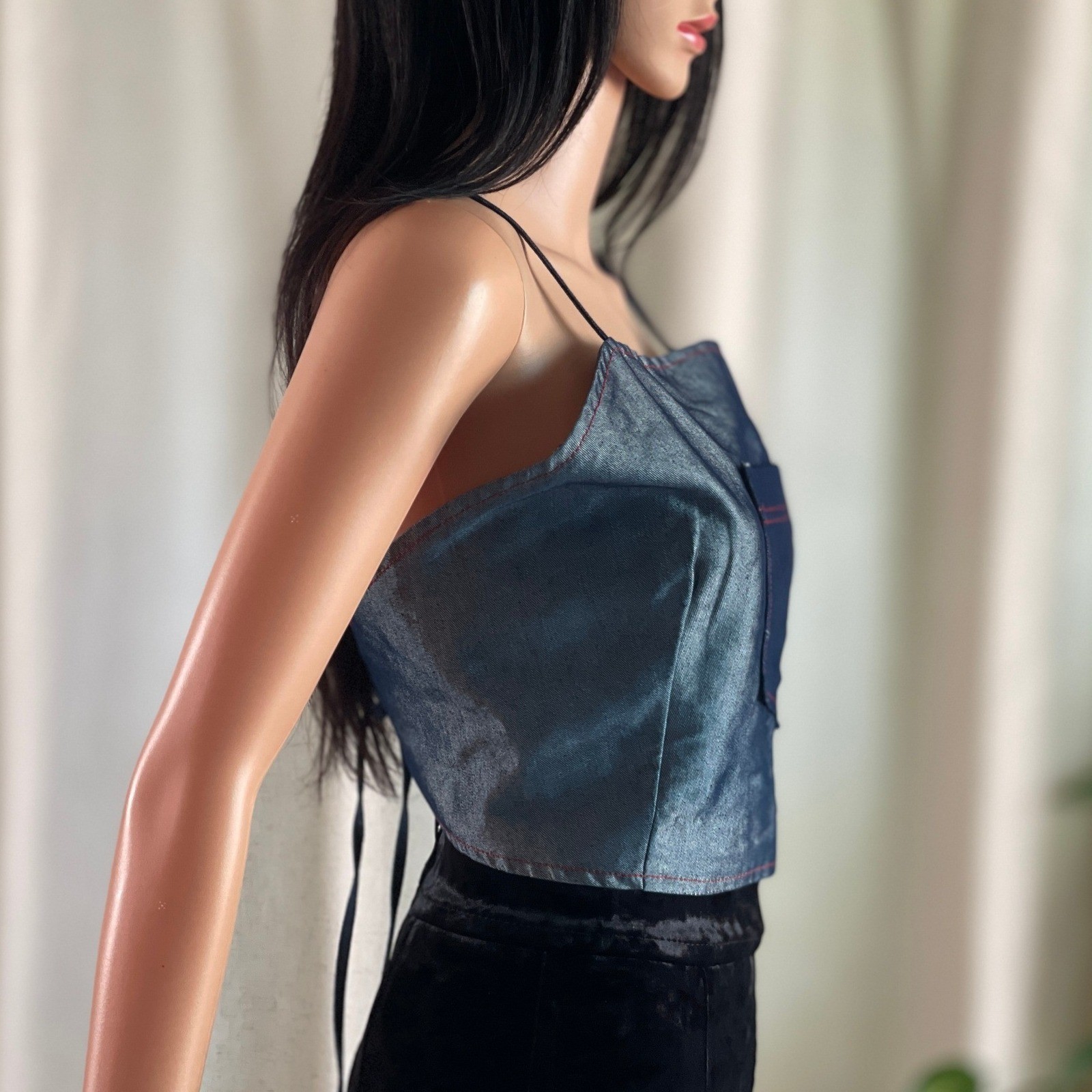 Vintage 90s Y2K Denim Metallic Crop Top Blue Streetwear Grunge Indie Festival XL