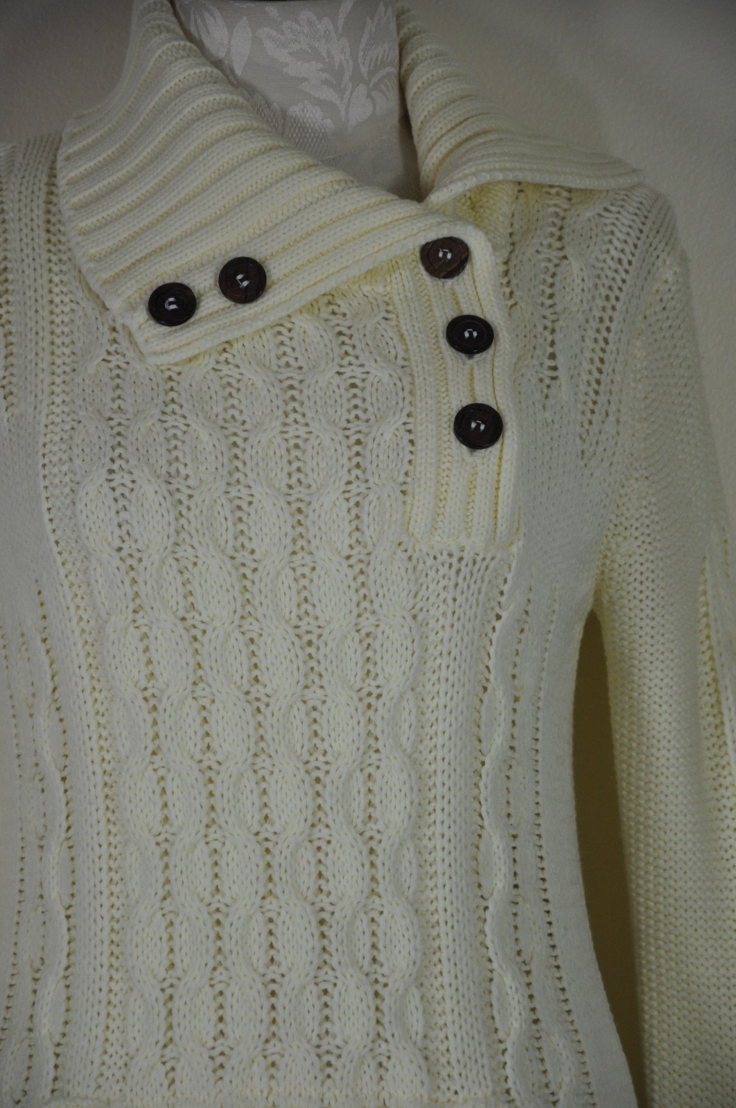70s Vintage Cream Chunky Cable Knit Buttons Turtleneck Fisherman Sweater Women S