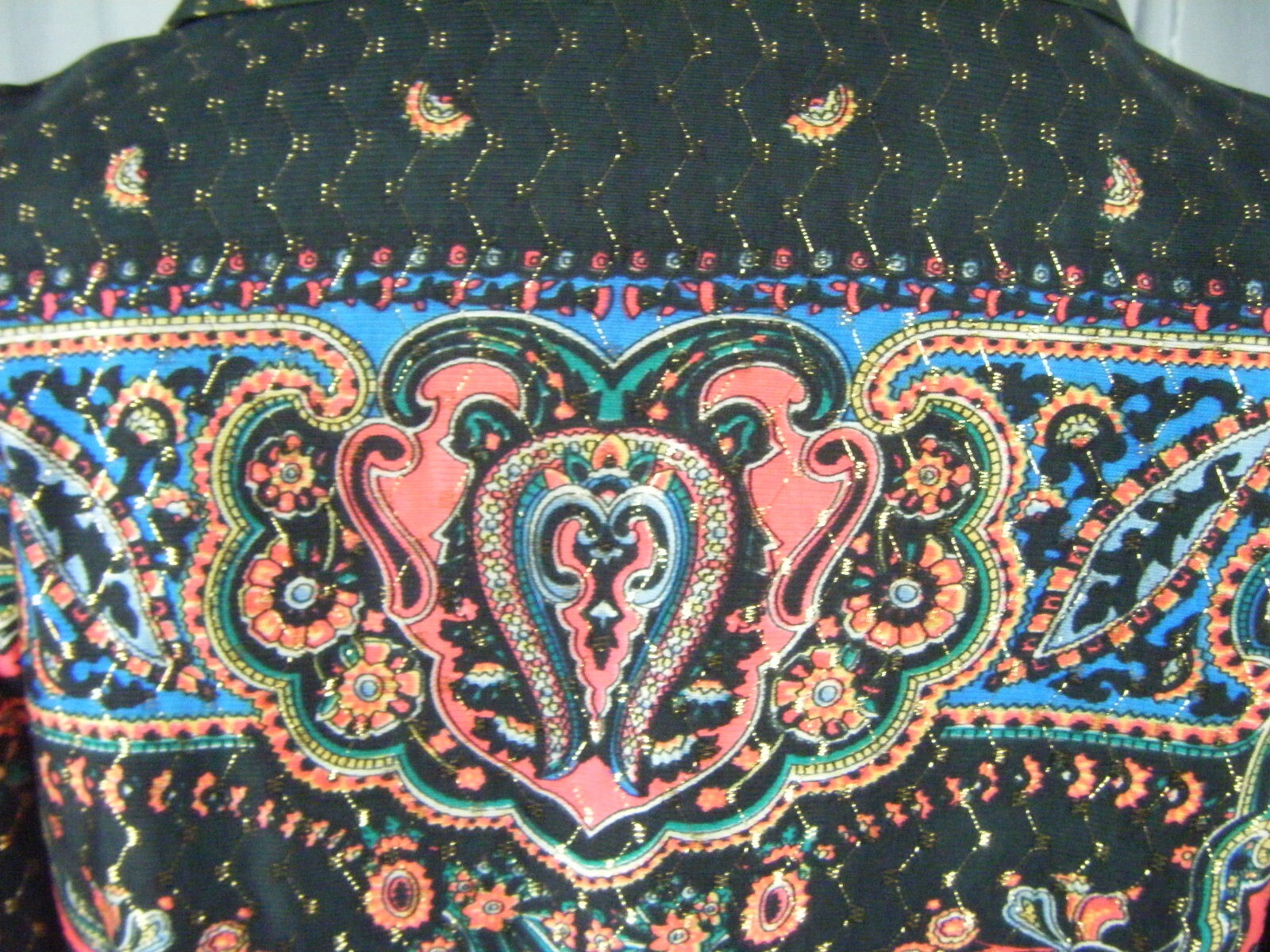 Vintage 60-70s Black Golden Stitches Mod Printed Nylon Knit Blouse-Bust 46/L