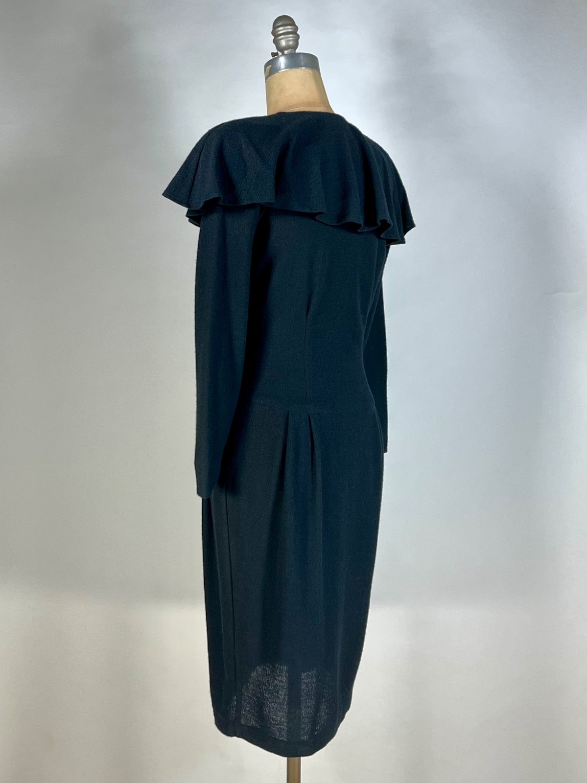Vintage 1980’s to 1990’s black MERINO WOOL weave dress w/bertha collar by Oberon