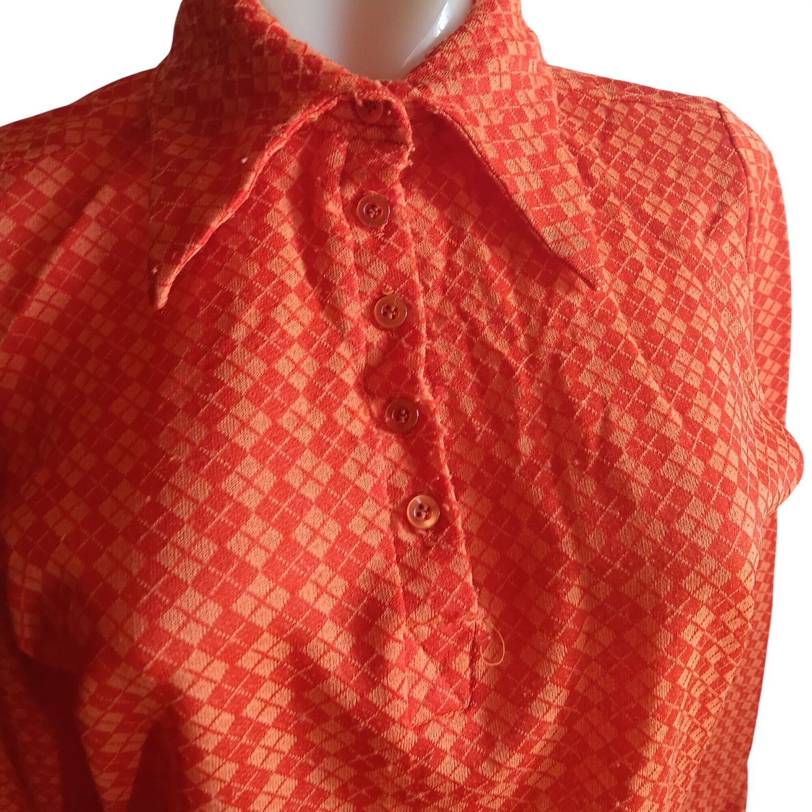 Medium 12 Vintage Top Blouse 1970s Womens Hot Orange Long Sleeve Geometric Mod