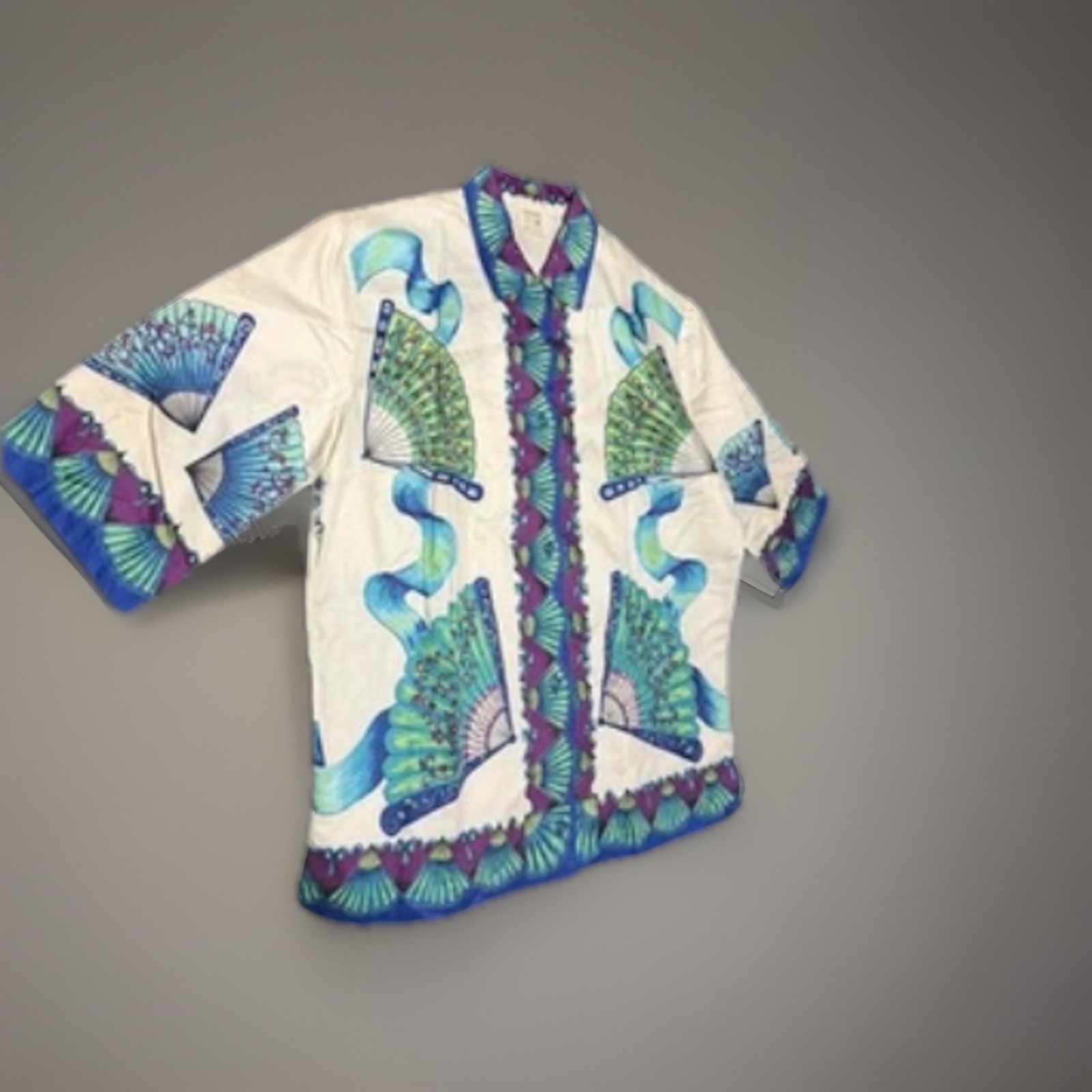 VTG 60s 70s Japanese Cotton Fan Print Blouse Shirt Mod Boho S 32 NOS