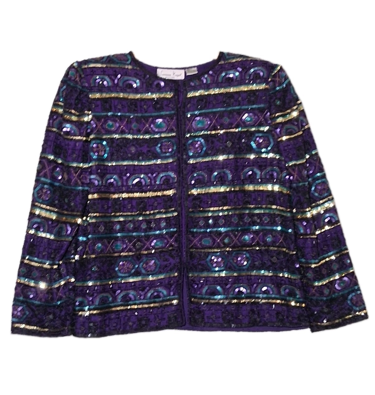 Vtg Laurence Kazar Sequin Beaded Purple Black Green Cocktail Party Jacket Large