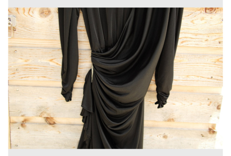 RARE Vintage 1980s Black Filigree Draped Cocktail Dress — Rhinestone Brooch Deta
