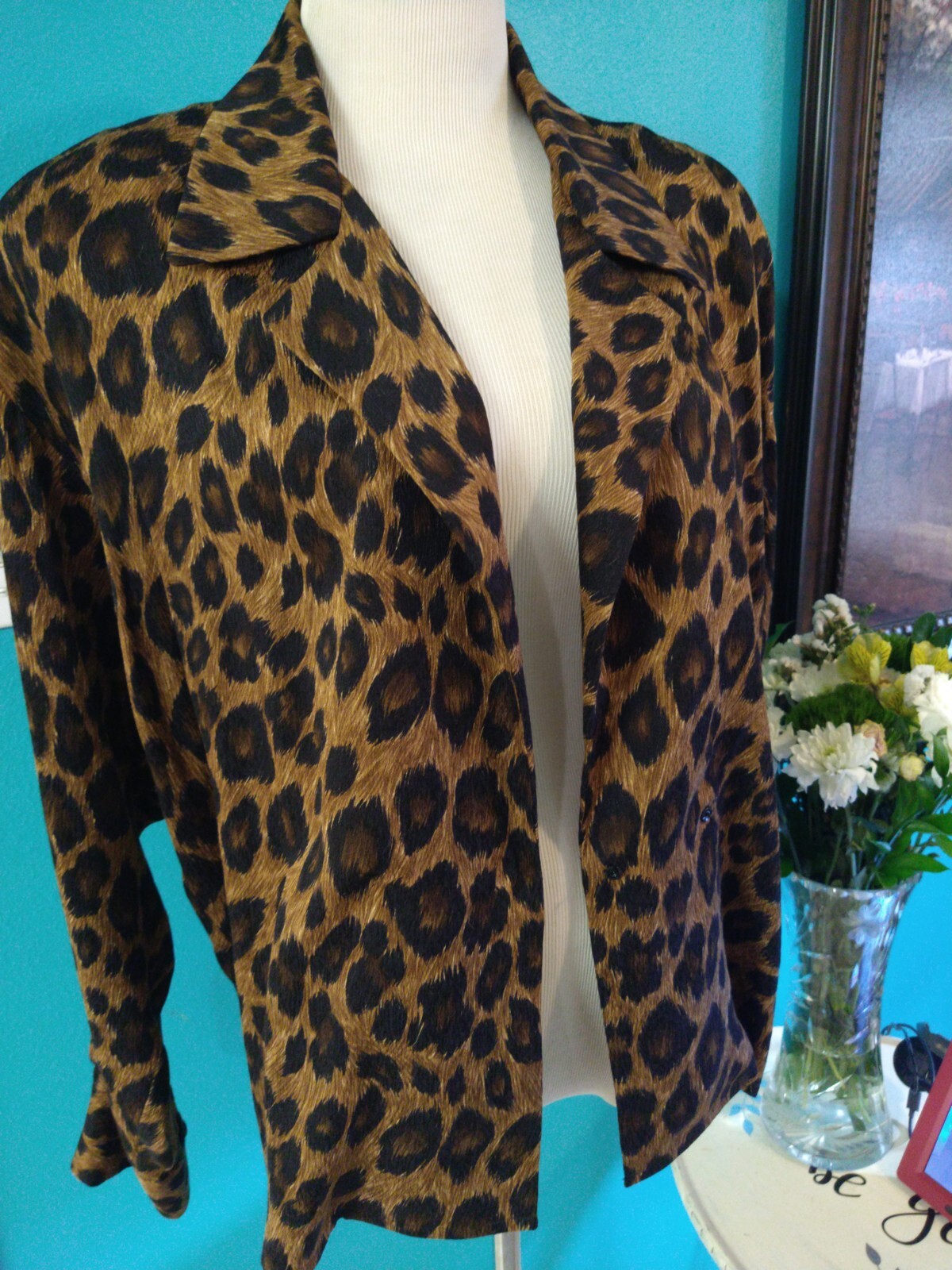 Vintage Anne Klein Silk Jacket 1980s Animal Print, Leopard Blazer Large