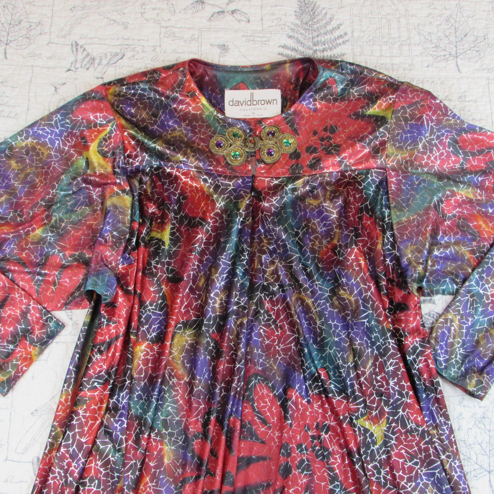 VTG 70s David Brown California Maxi Dress Kaftan Long Sleeve floral gold M