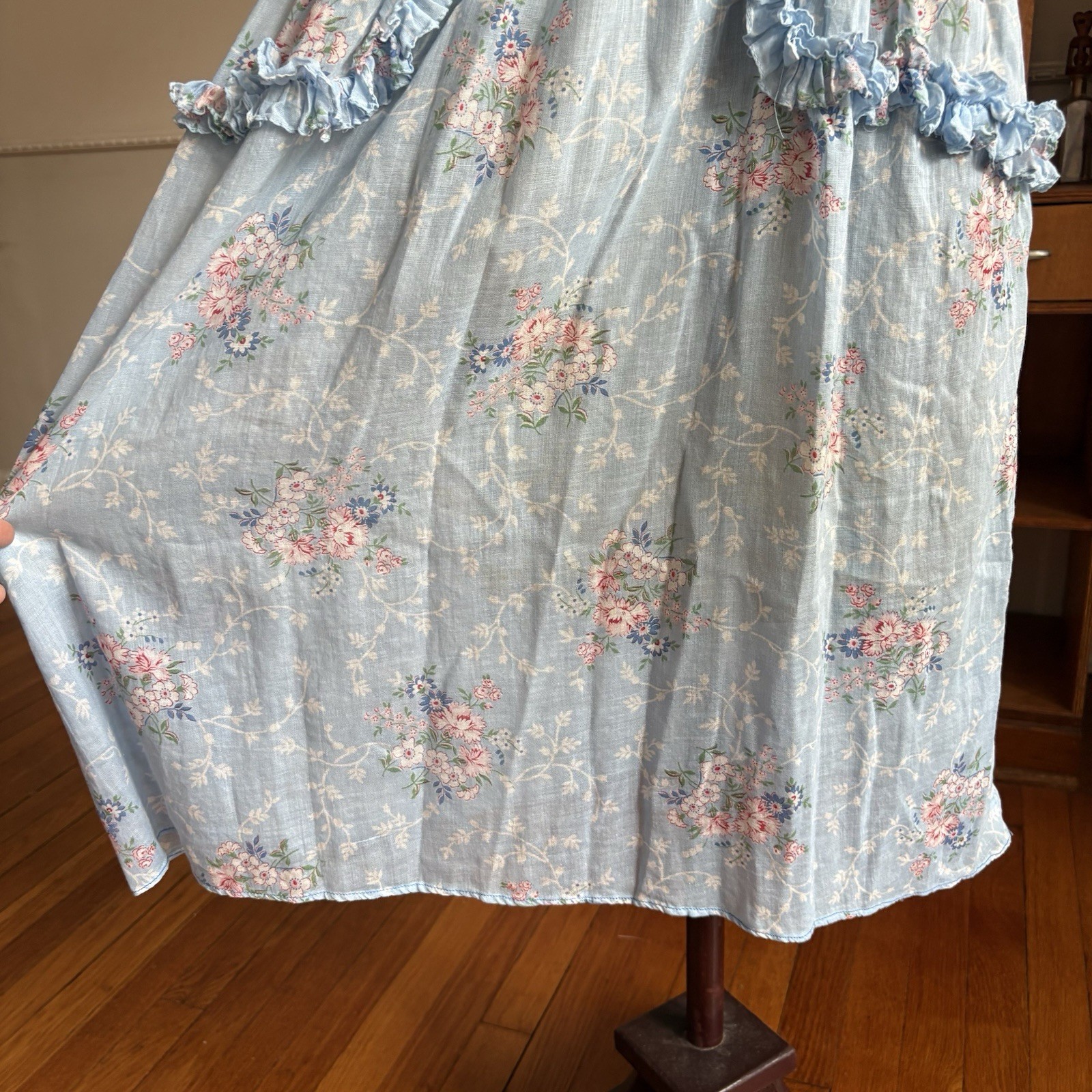 Vintage 1940s Blue Floral Cotton Voile Fabric Dress Ruffle Trim Summer