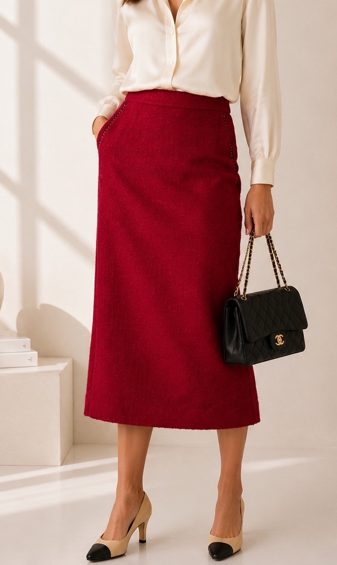 VTG Chanel Creations Crimson Red Tweed Pencil Skirt Women Sz 38 Us 8 Old Money