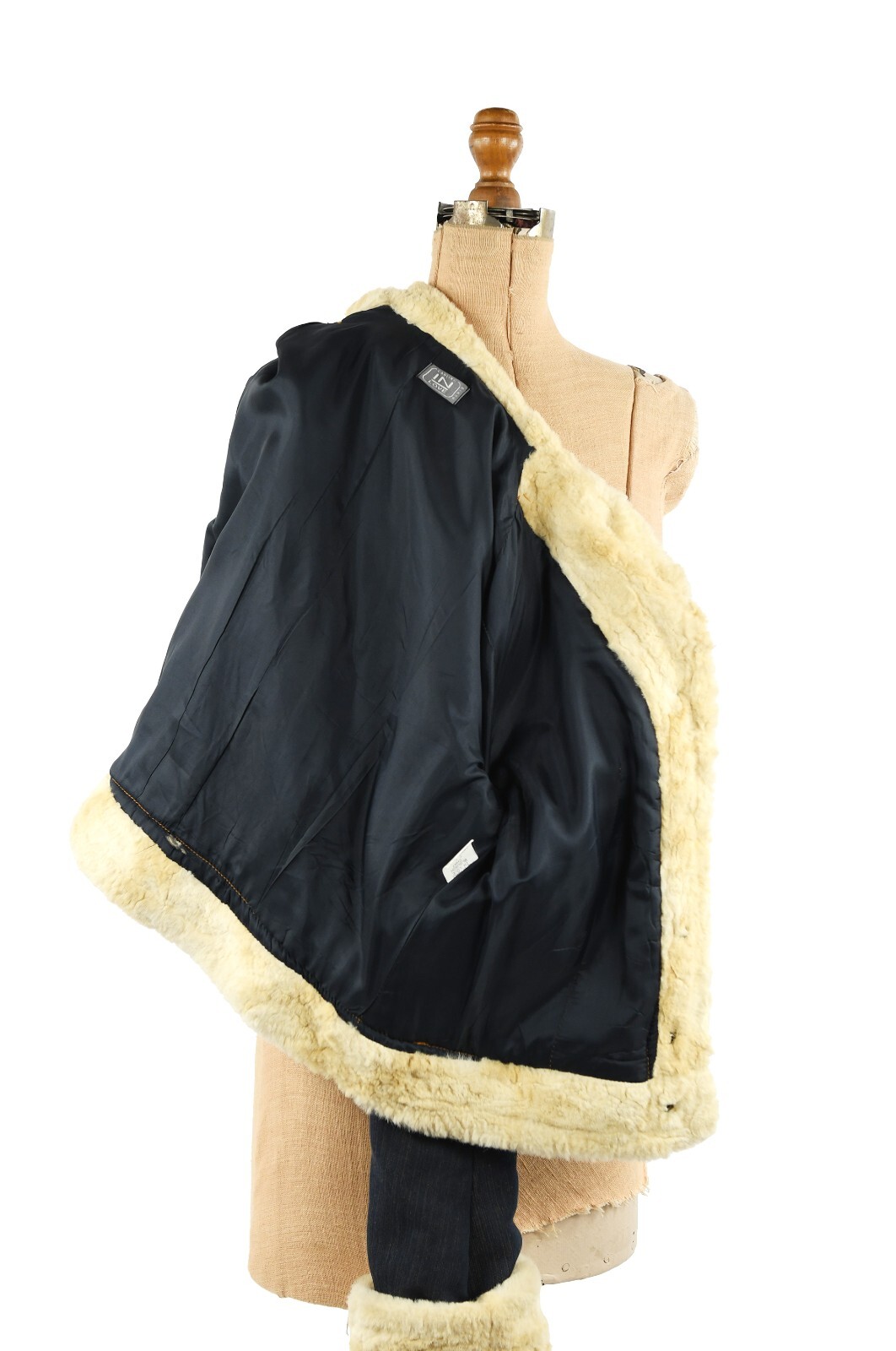 Vintage 90s French Dark Denim Faux Sherpa Princess Trim Bomber Coat Y2K Jacket M