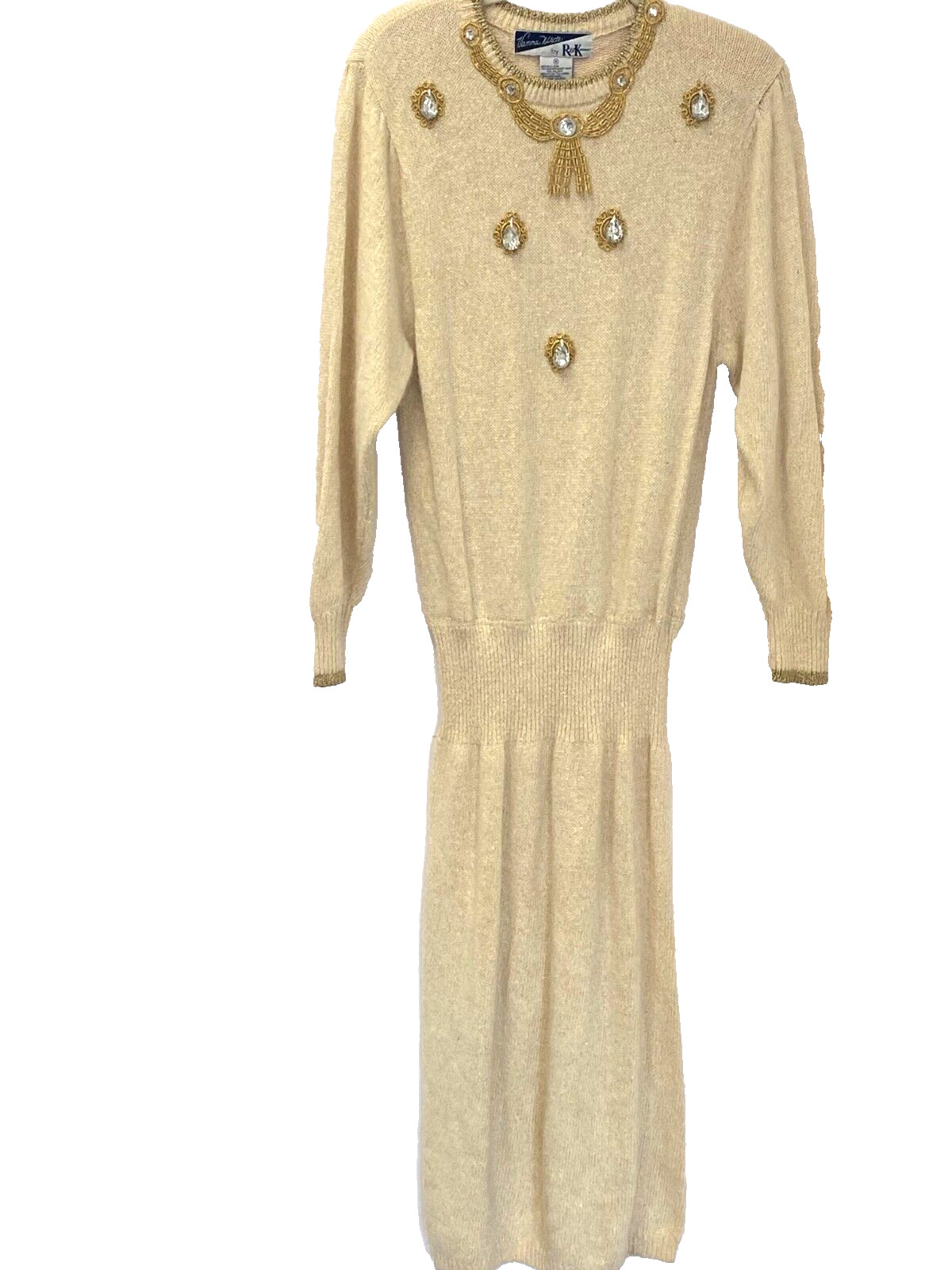 Vintage Vanna White R&K Originals Sweater Knit Blouson Dress Size M Champagne