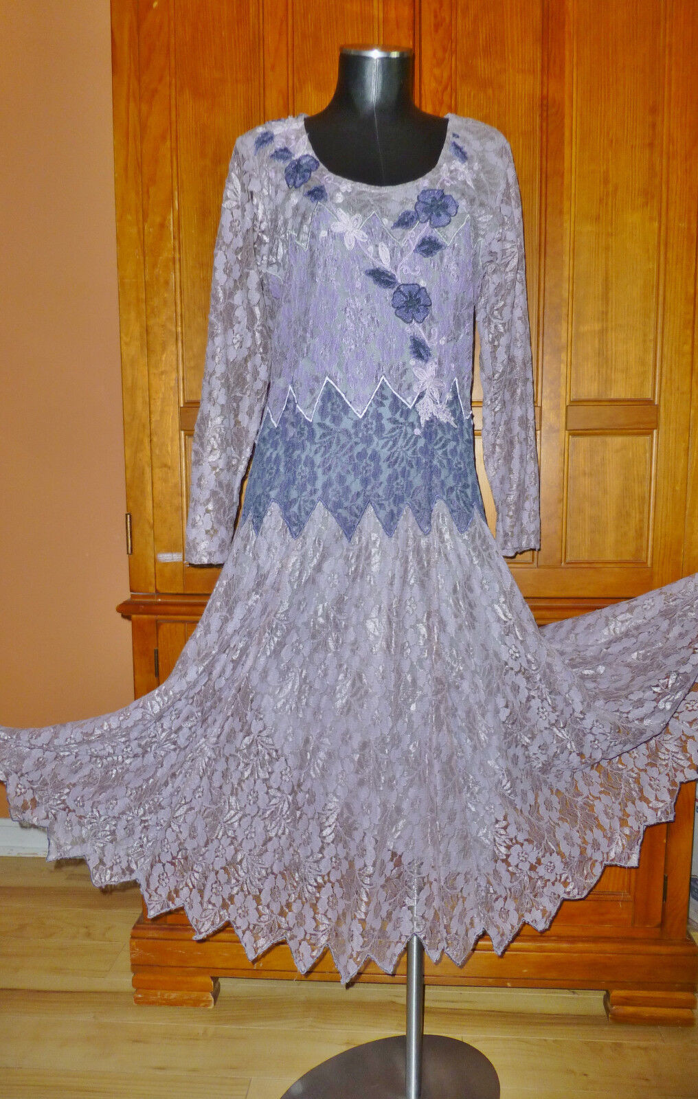 Vtg 80s India Papillon Sheer Scalloped LACE Boho Hippie Festival midi DRESS M L