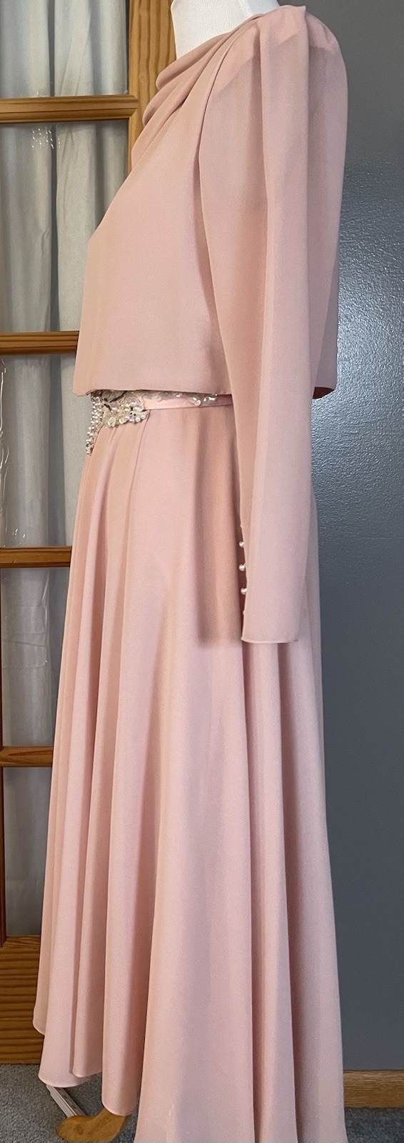 70s Cowl Neck Formal Evening Dress L Embellished Belt Faux Pearl Elegant Classic