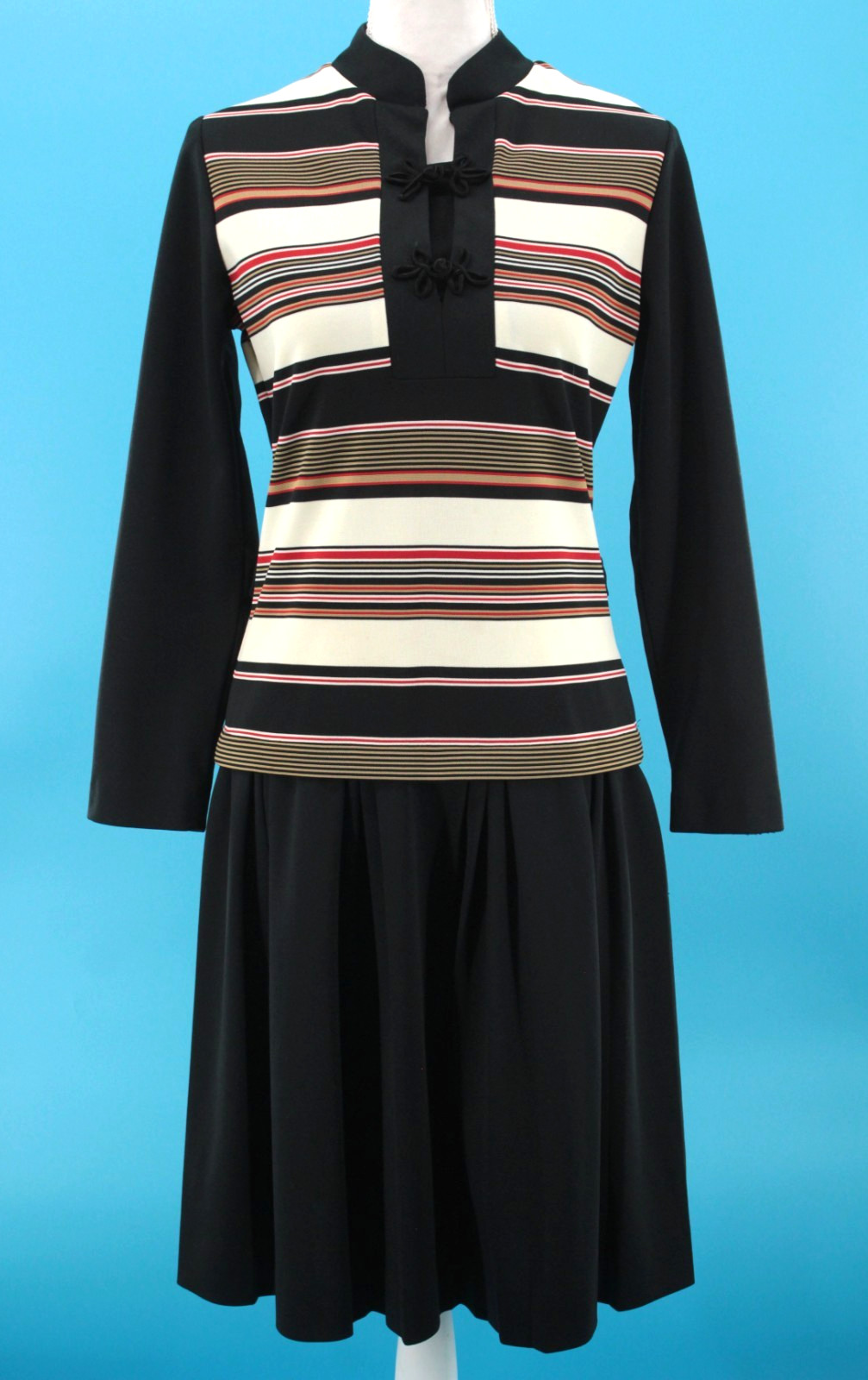 VTG Women’s 60s Black Cream & Red Striped Drop Waist Midi Dress Sz M 1960s