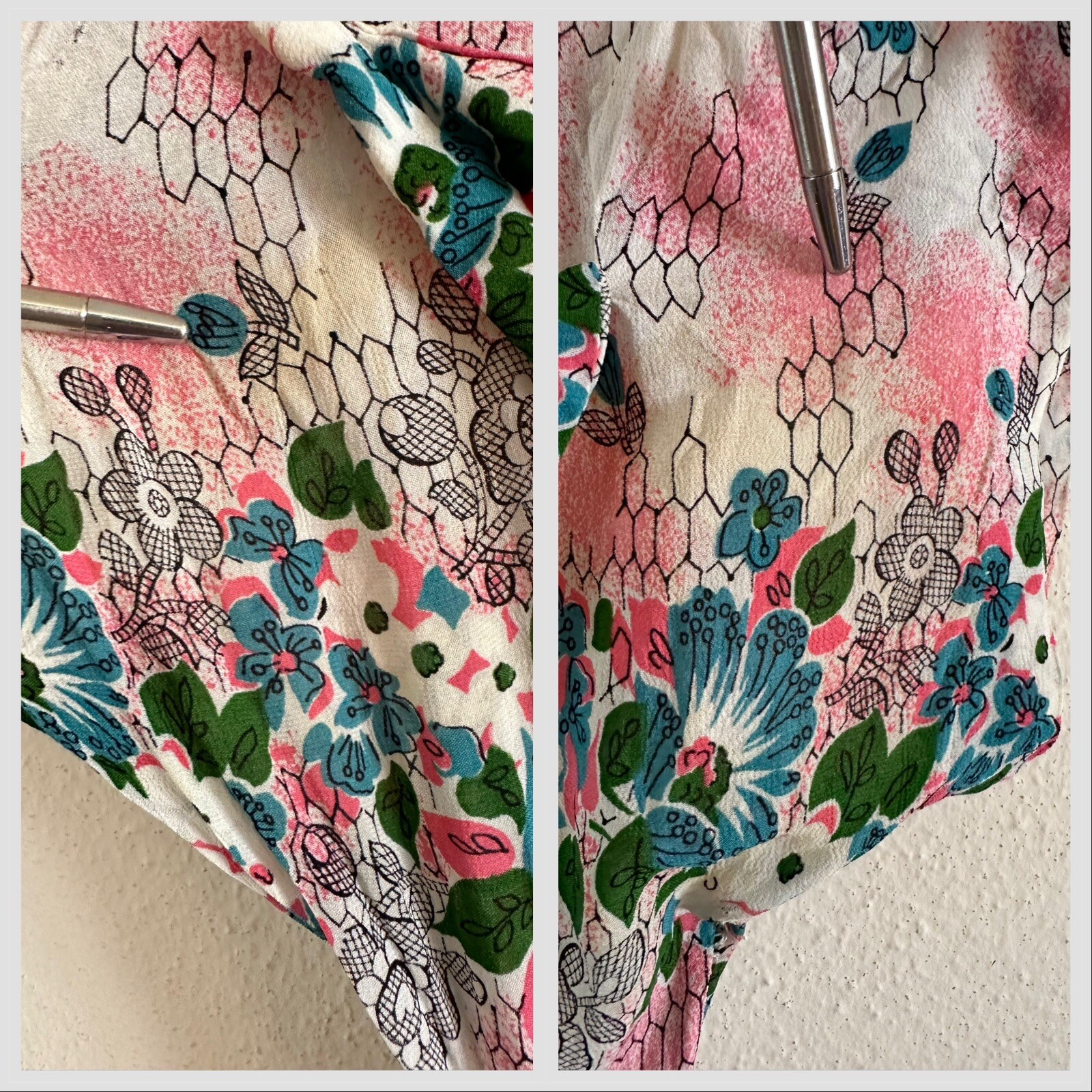 Vintage 1940s Floral Crepe Day Dress Big Collar Novelty Print Pink Blue Small