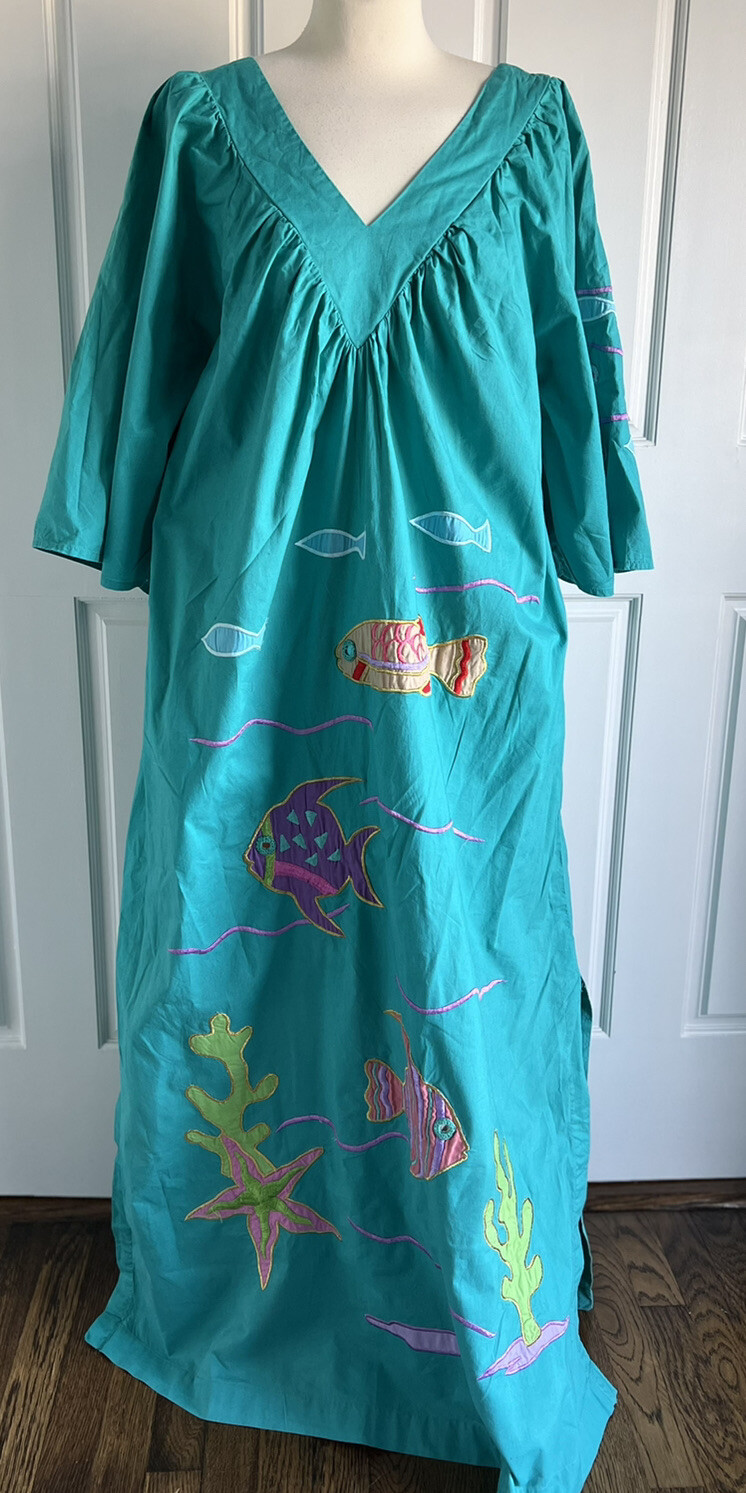 Vintage Ramona Rull Embroidered Fish Mirrored Sea Scene Caftan Lounge Dress 3X