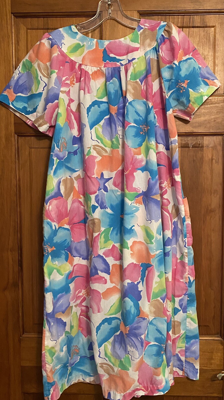 Vintage House Dress Cotillion Small USA Blue Pink Floral Short Sleeve Pullover