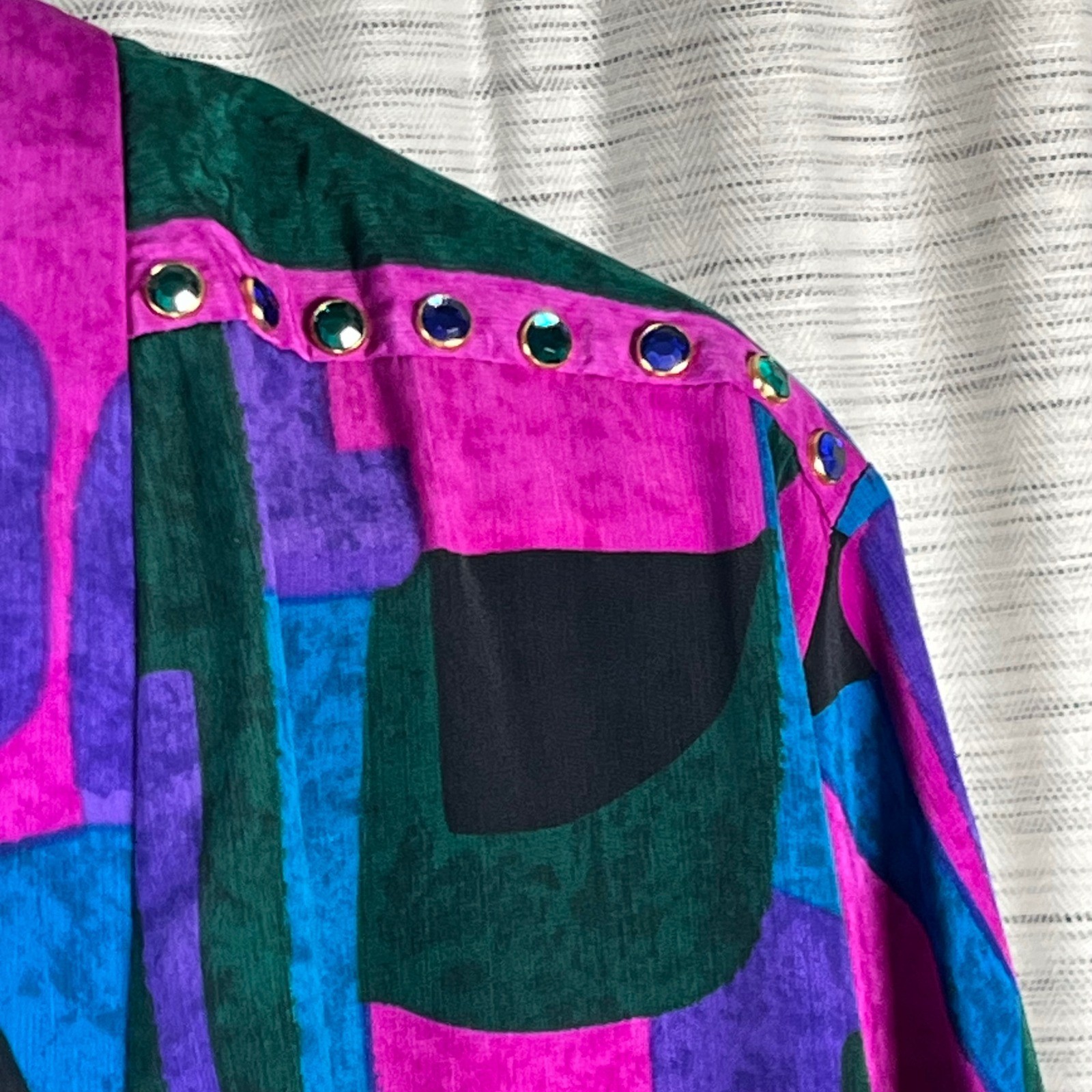 Amy Jess Vintage 80s Geometric Abstract Duster Cardigan Rhinestone Shoulder USA