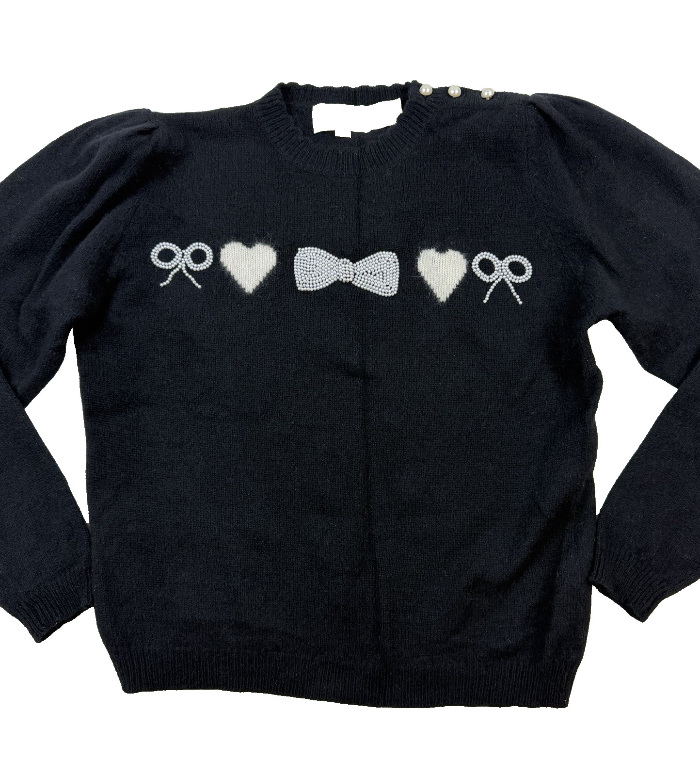 Vtg The Eagle’s Eye Sweater Sz M Black Pearl Bows Hearts Angora Lambswool Blend