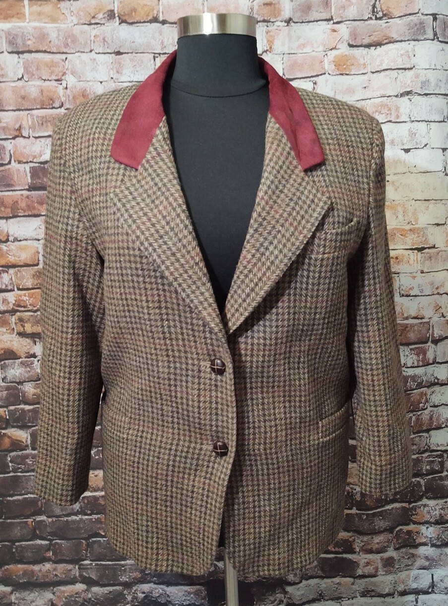VINTAGE CHARACTER SUBURBAN WEAR WOOL TWEED SUEDE BLAZER JACKET MAROON GREEN sz16