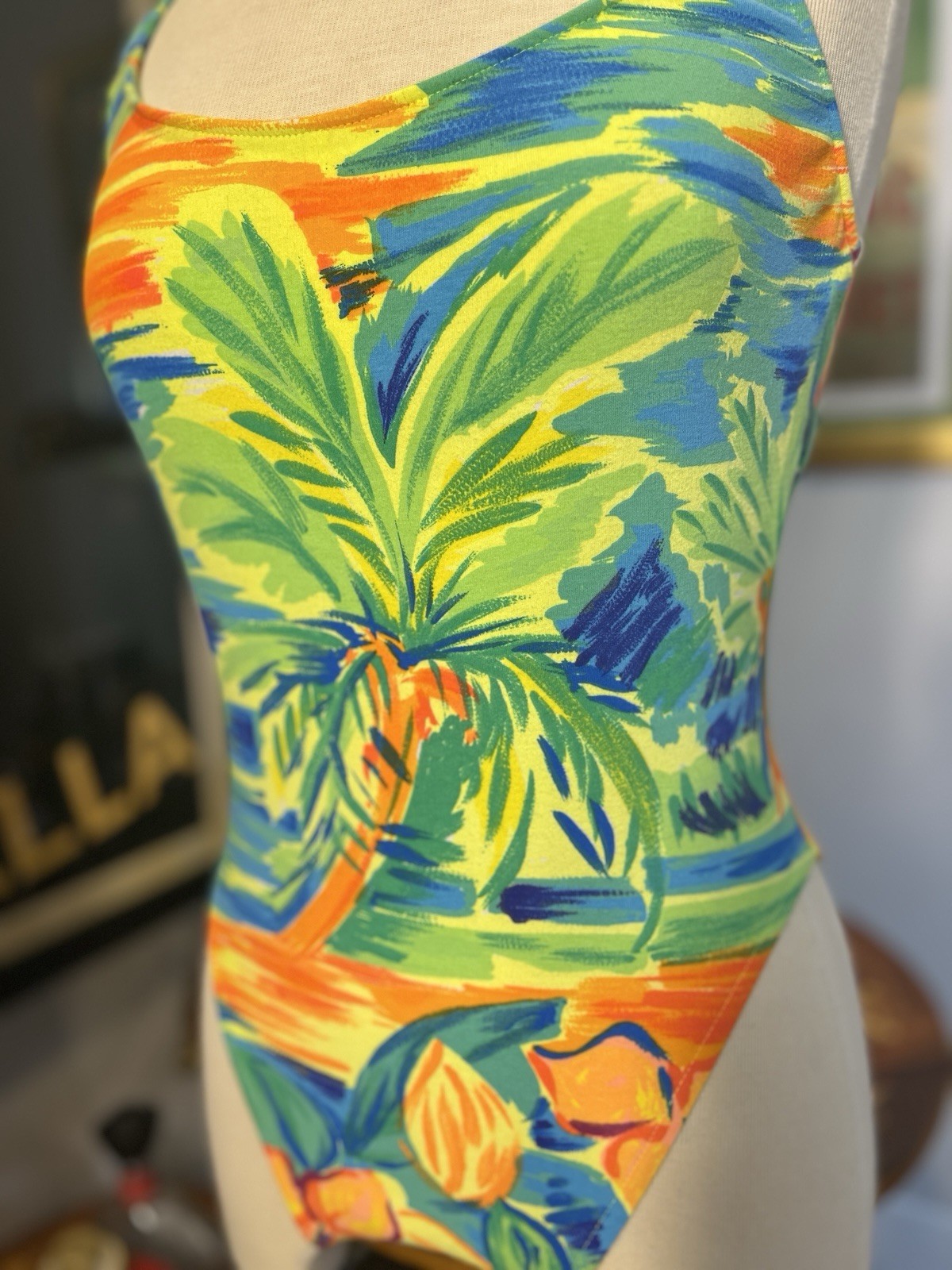 Vintage 1990s Deadstock Neon Hawaiian Criss-Cross Palm Swimsuit