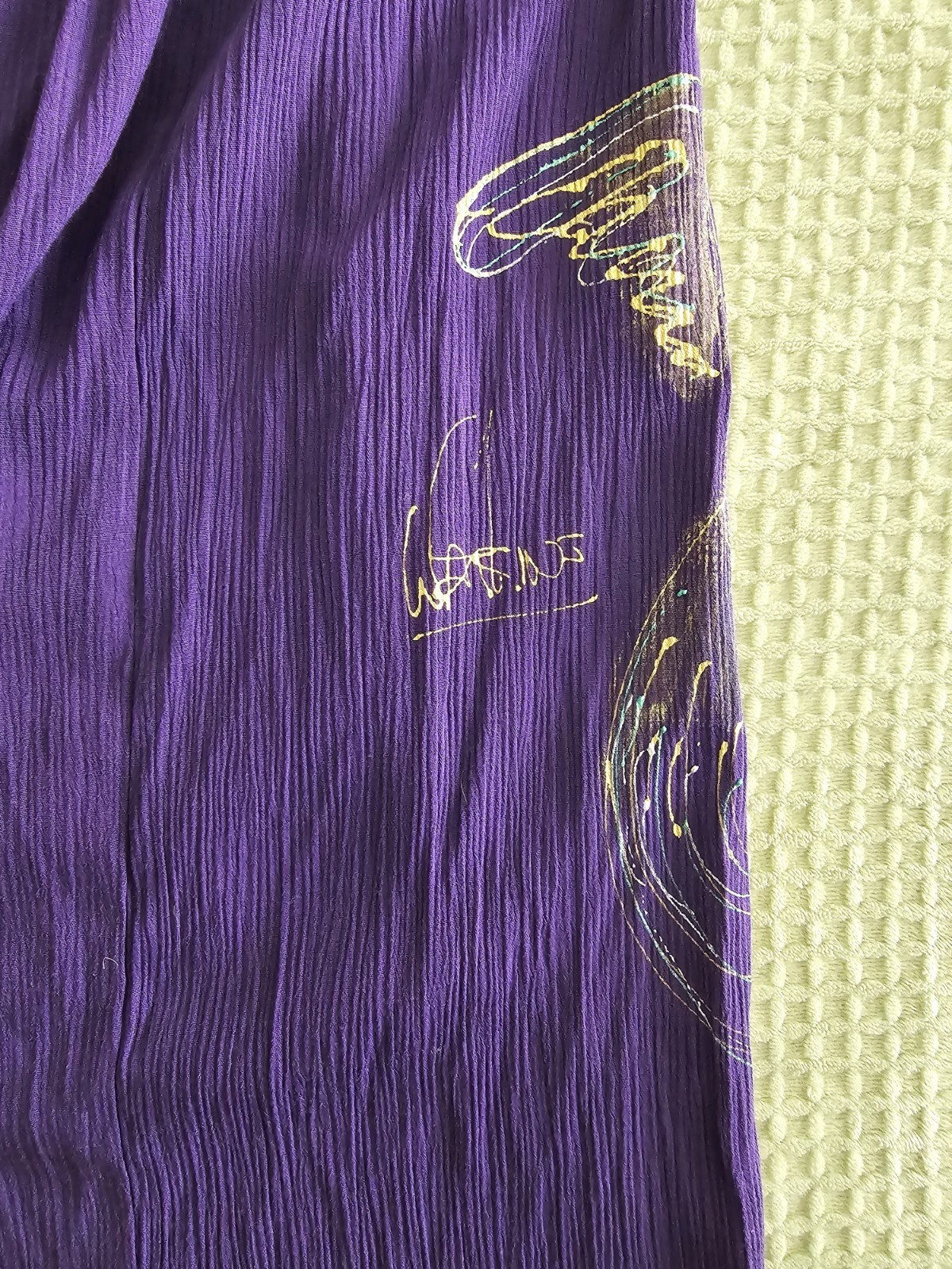 Vintage 80s 90s Purple Rayon Dress Hand Painted Fish Womens Large XL Whimsical