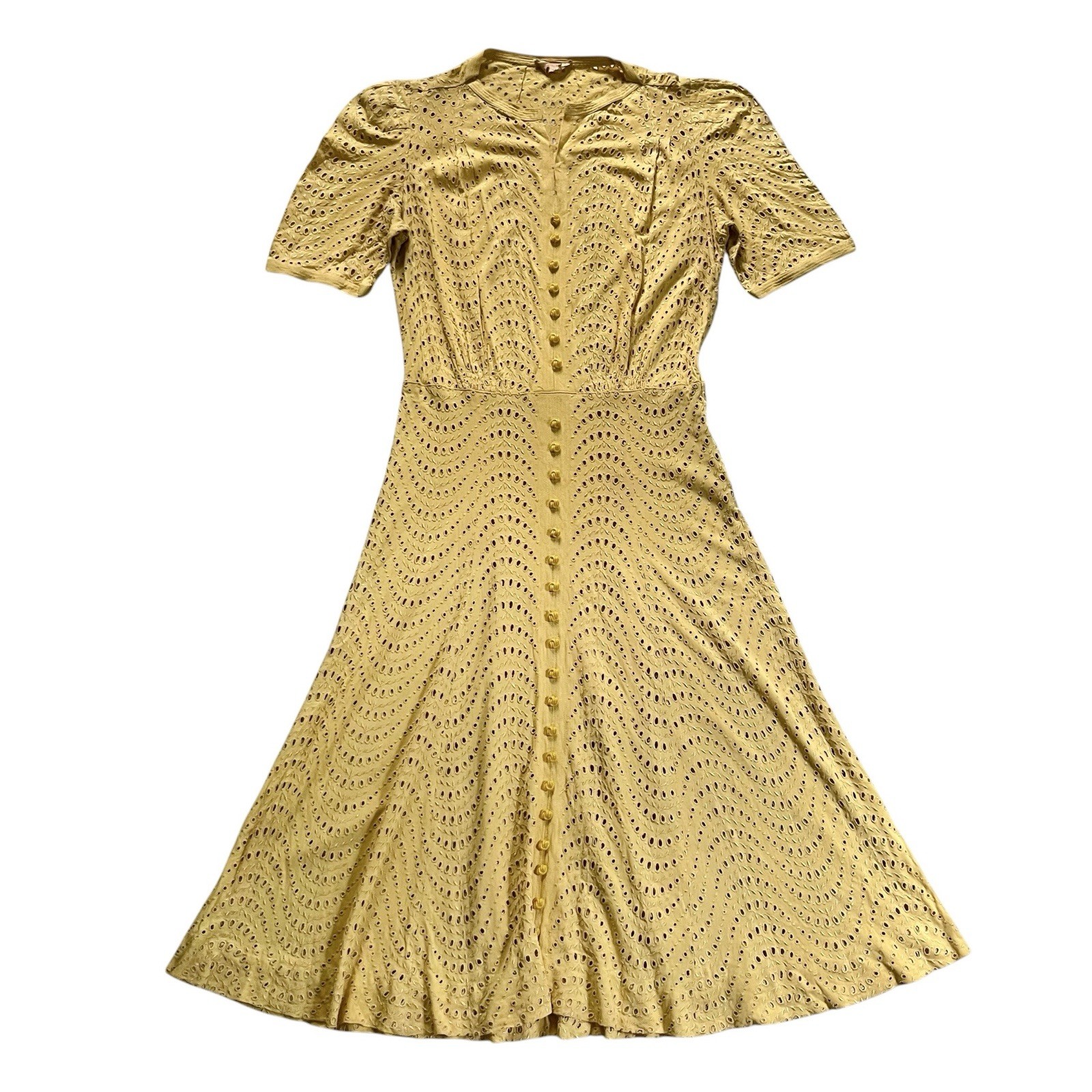 40s 50s Vintage Molyneux Adaptation Yellow Eyelet Embroidered Summer Dress Small