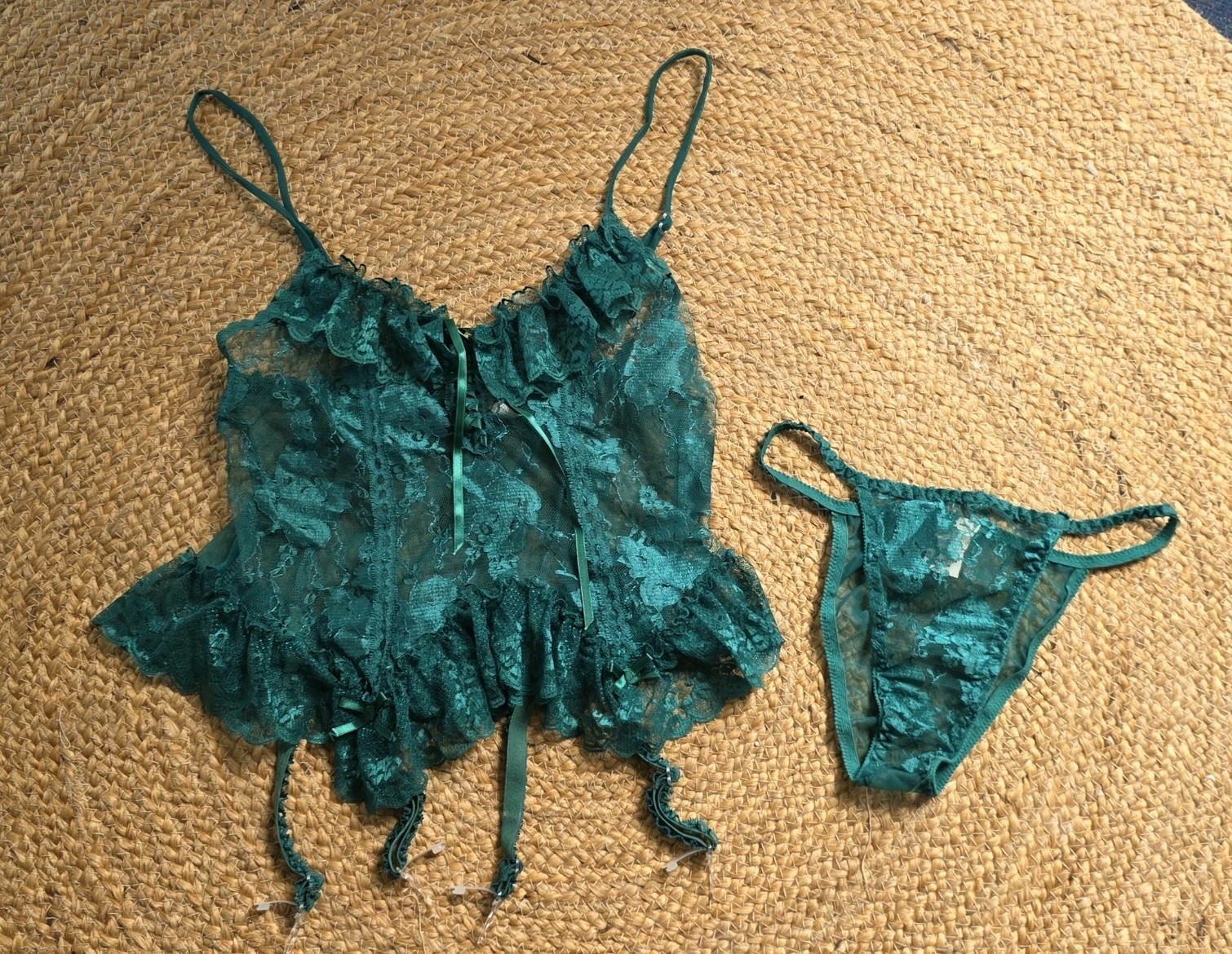 Vintage Andrea Kristoff for Escante Sheer Lace Green Ruffle Romantic Set Medium