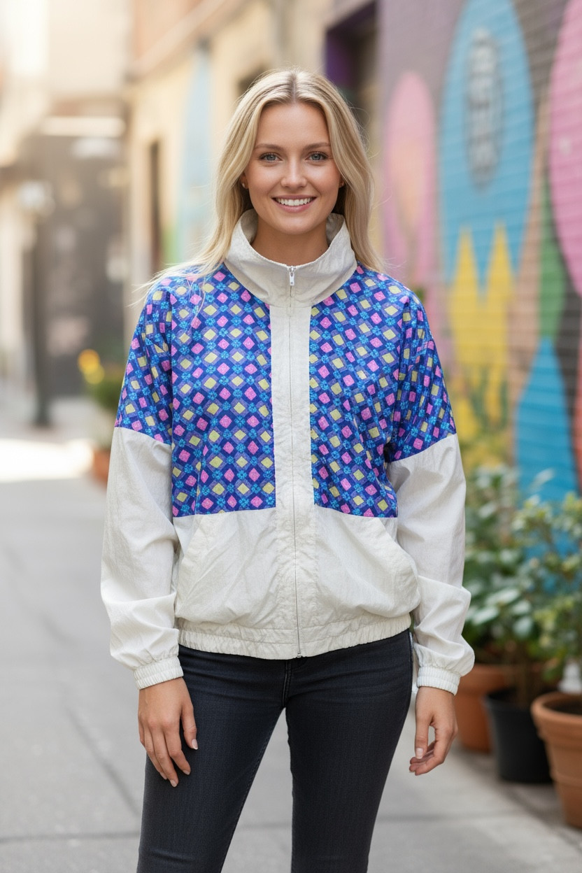 Vtg 80’s Pro-Spirit Windbreaker Neon Bold Geometric Jacket Front Zip Drawcords