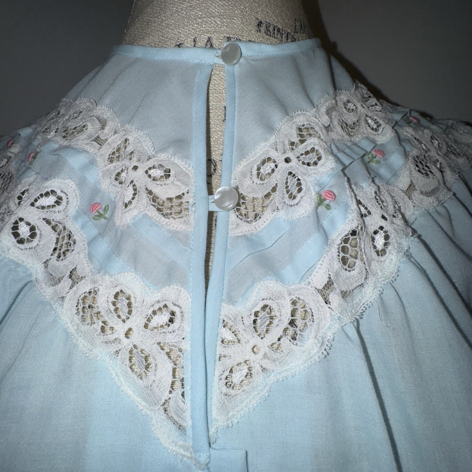 Vintage Light Blue House Coat Robe Lace Embroidery Flowers Pearl Buttons Pockets