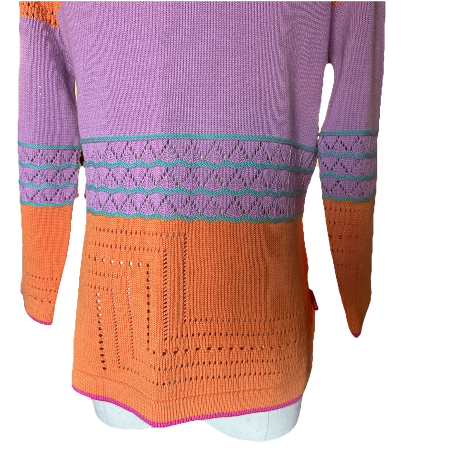 VNTG White Horse Knit Sweater Boho Art To Wear Geometric Pink Purple Orange S/M