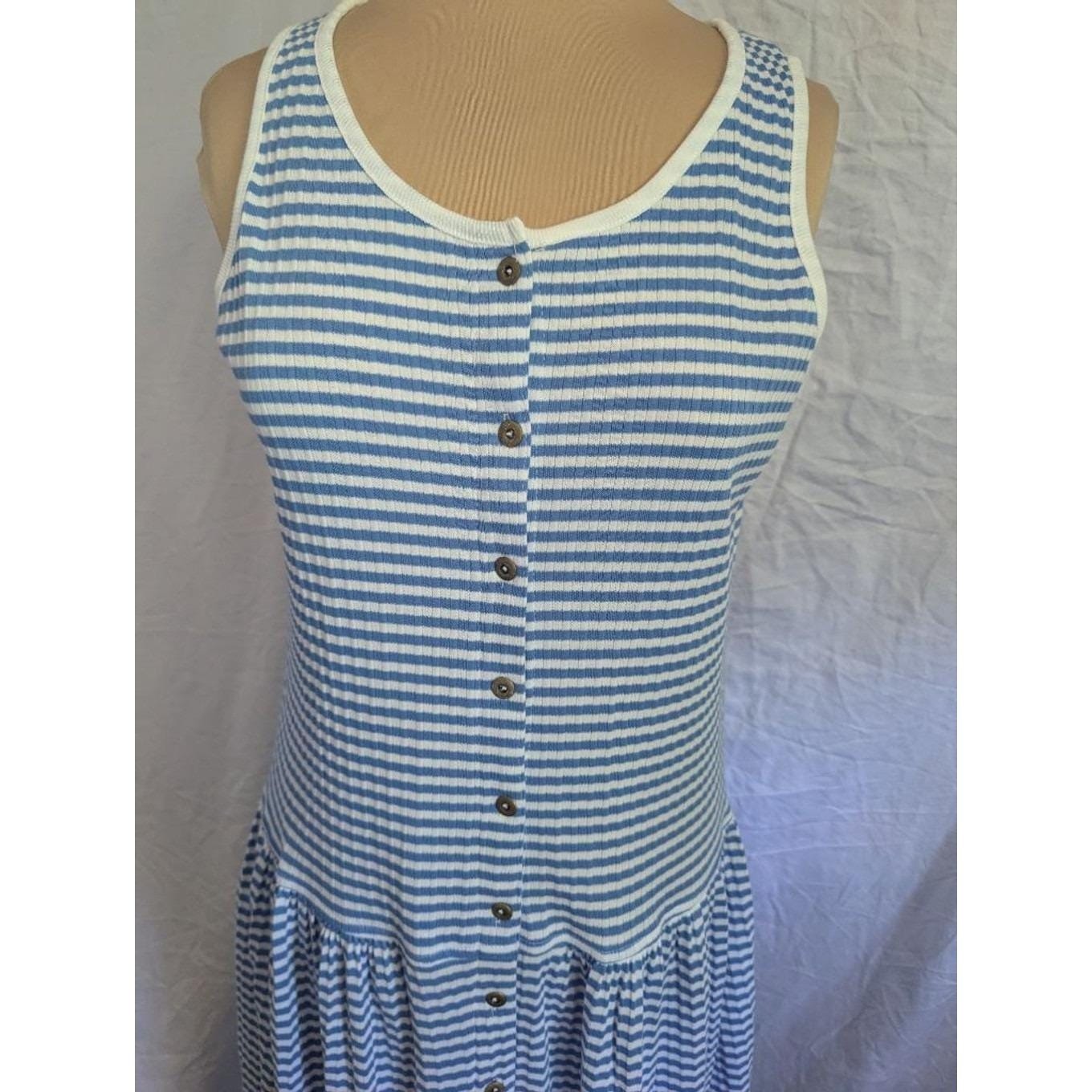Vtg Blue & White Striped Ribbed Button Front Drop Waist Midi Dress Nautical Sm