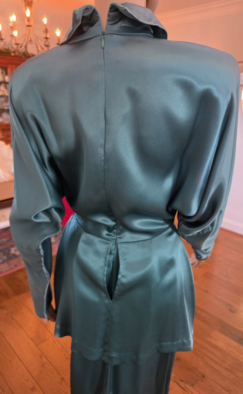 Unique Vintage 1980s Norma Kamali Green Satin Cocktail Midi Dress with Peplum