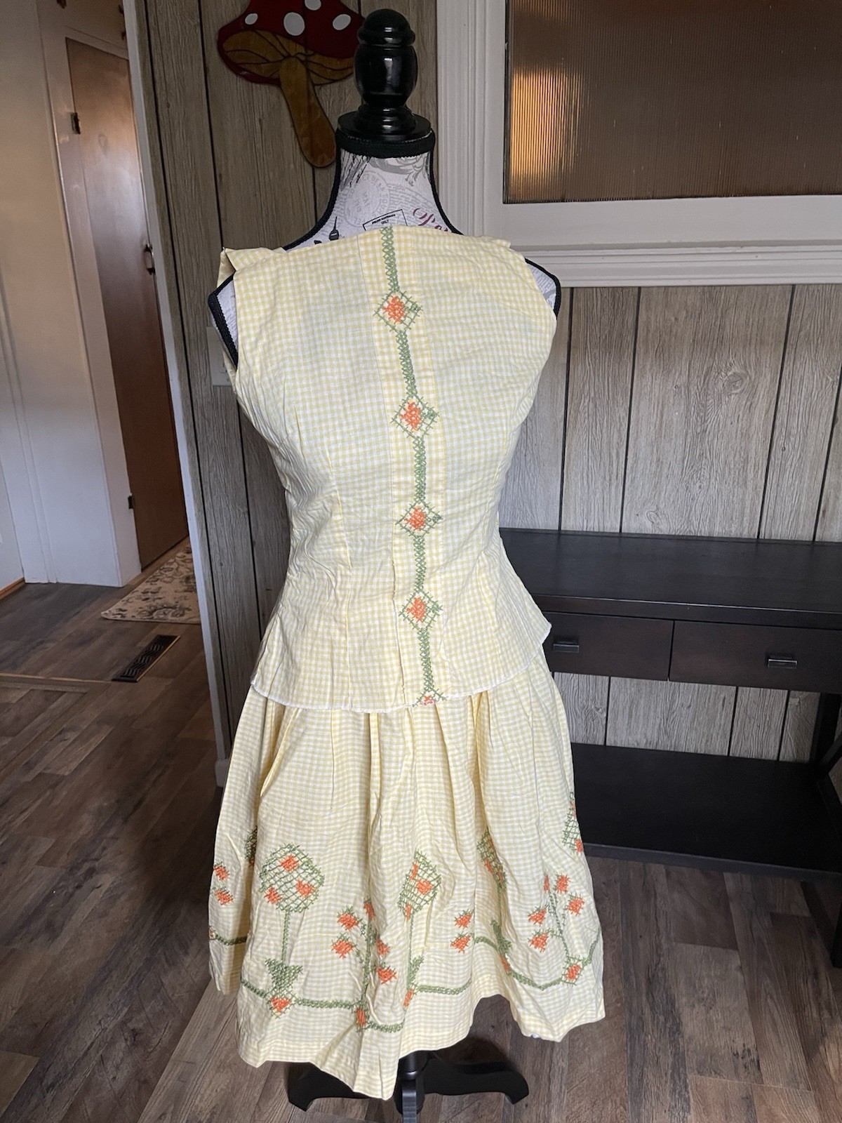 70s or 80s Handmade Gingham Top & Skirt Embroidered Mushrooms 2 pc set Outfit