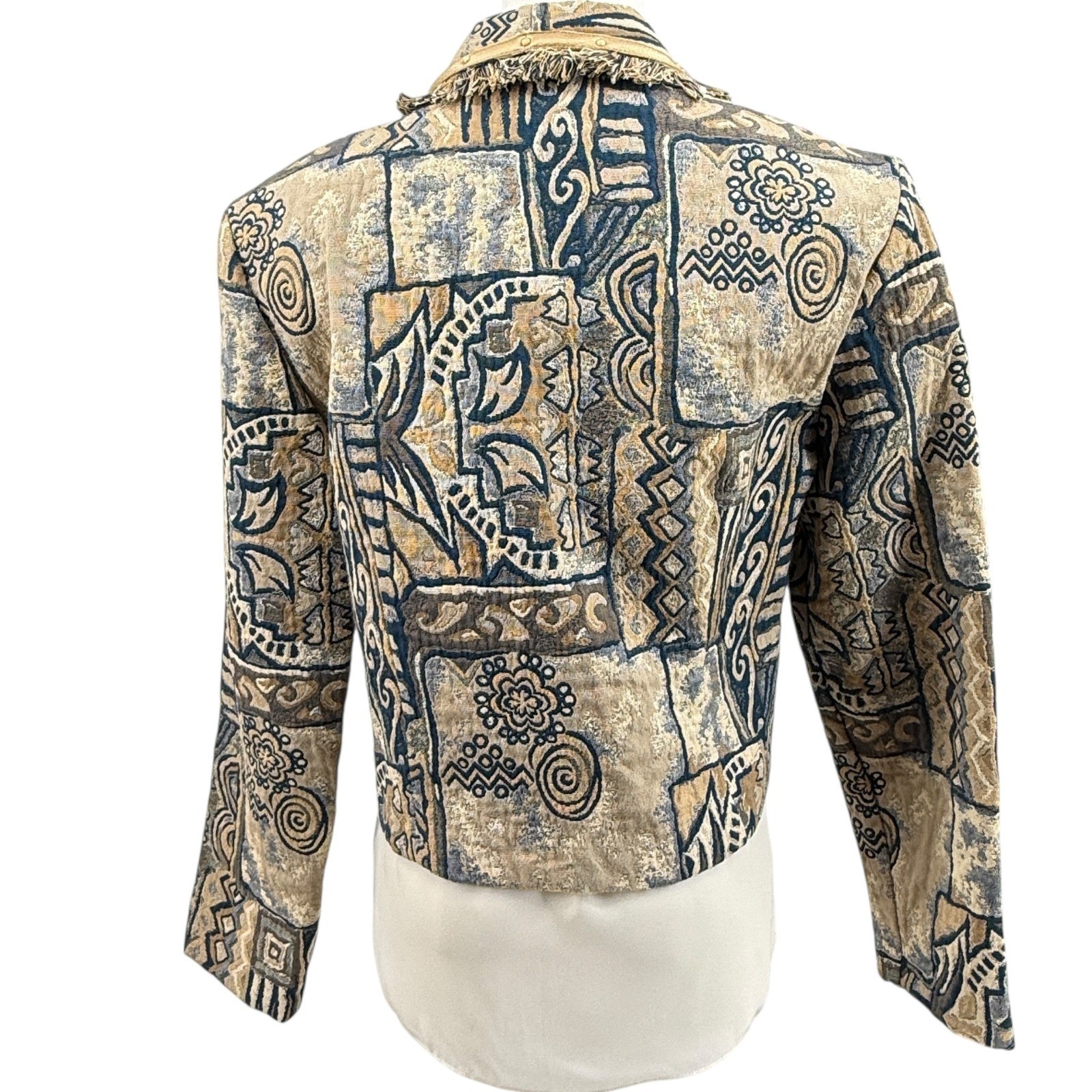 City Girl Sport Women’s Tapestry Jacket Cropped 90s Blue Tan Fringed Size 6