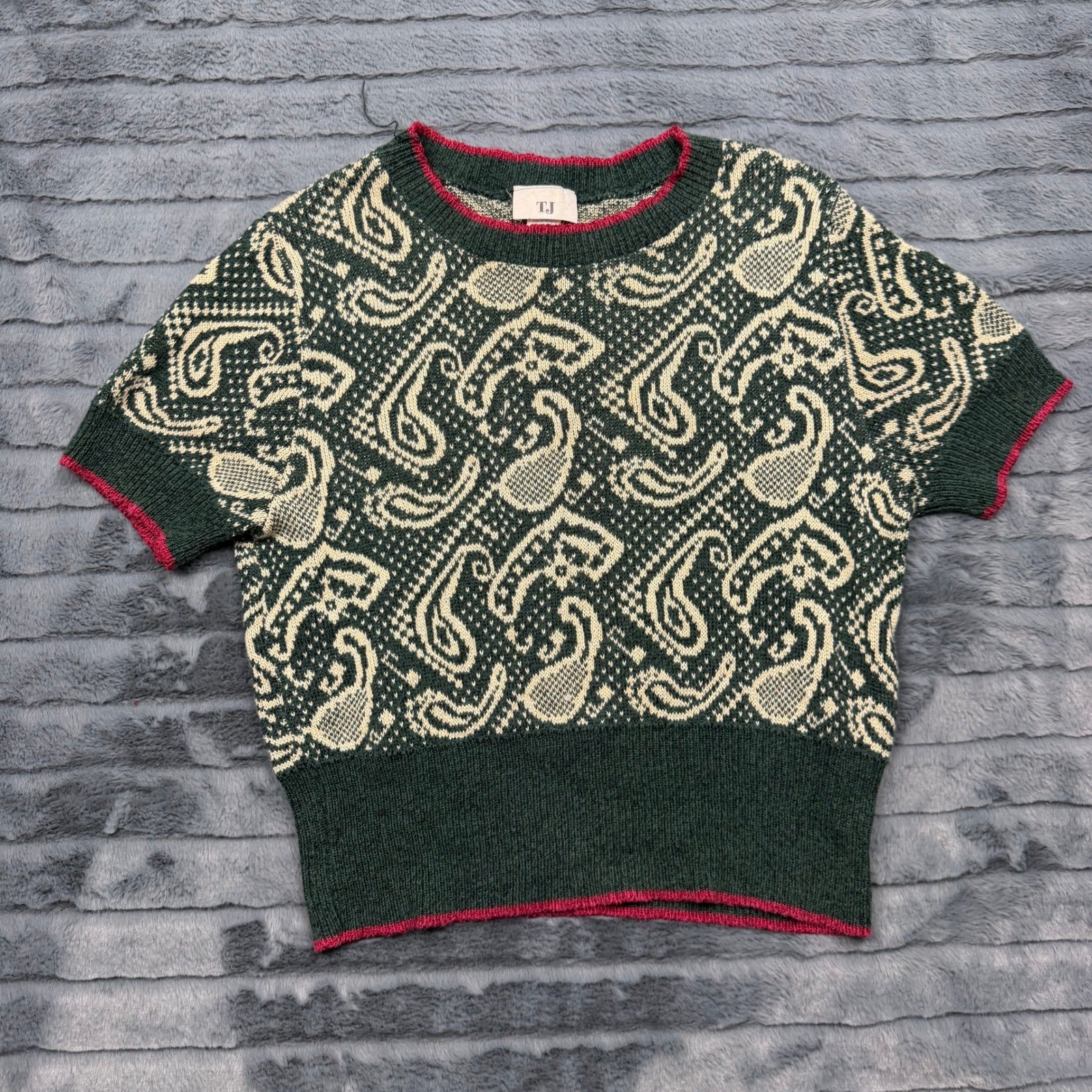 Vintage TJ Green Paisley Knit Short Sleeve Sweater Pink Trim Cotton Blend Large