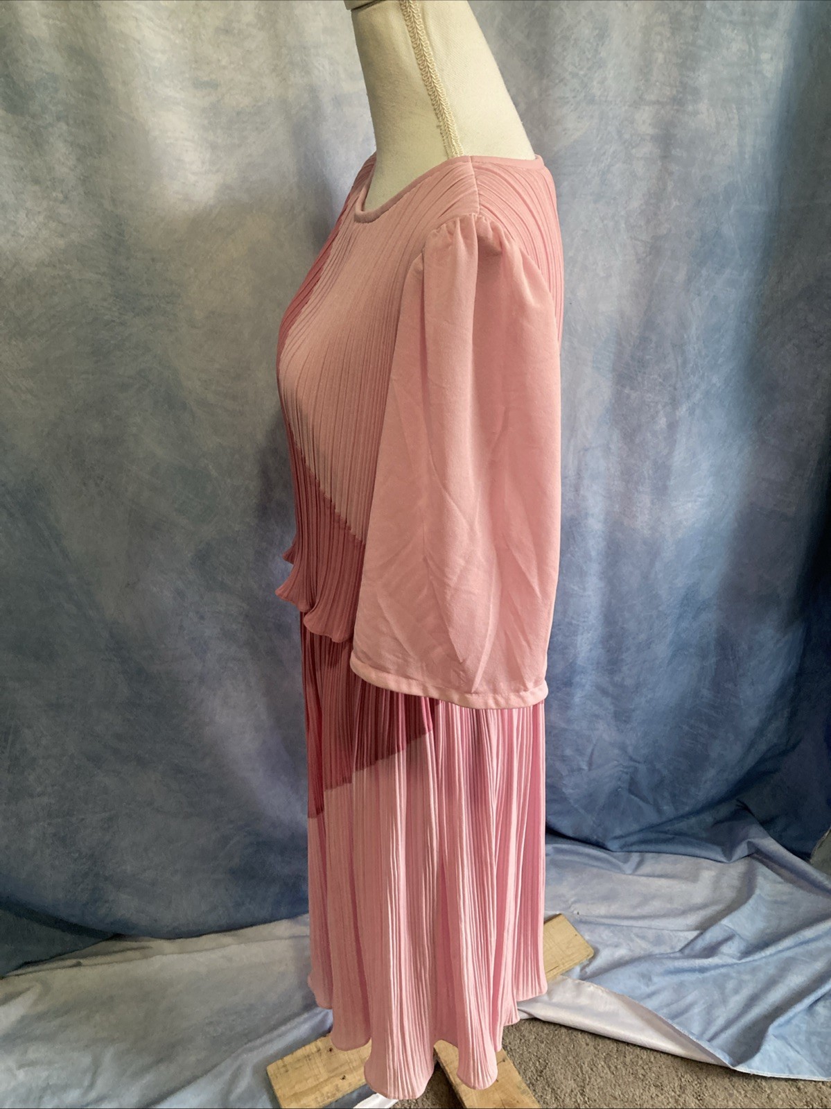 Vtg 70s Discovery Fashions Pleated Colorblock Dress Pink Plisse Disco Midi XS/S