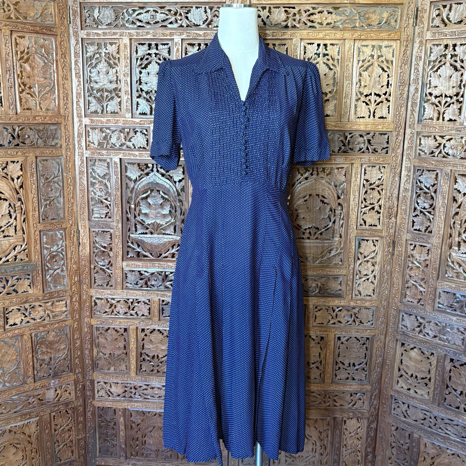 Vintage 40s 50s Day Dress Rayon Polka Dot Nautical Pinup Sailor 1940s M
