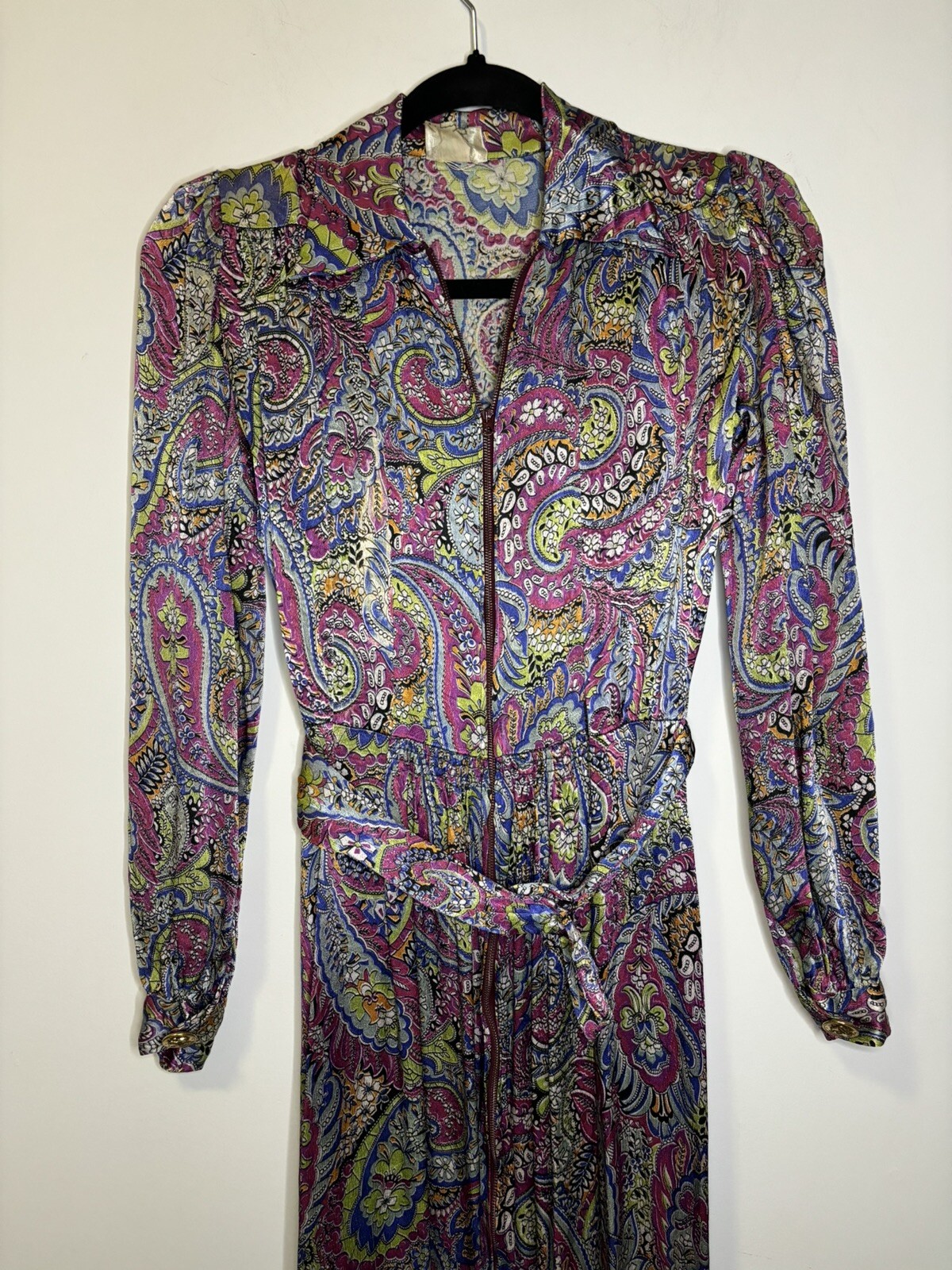 Vintage 70s Linda LA Psychedelic Paisley Dagger Collar Zip Maxi Dress XS