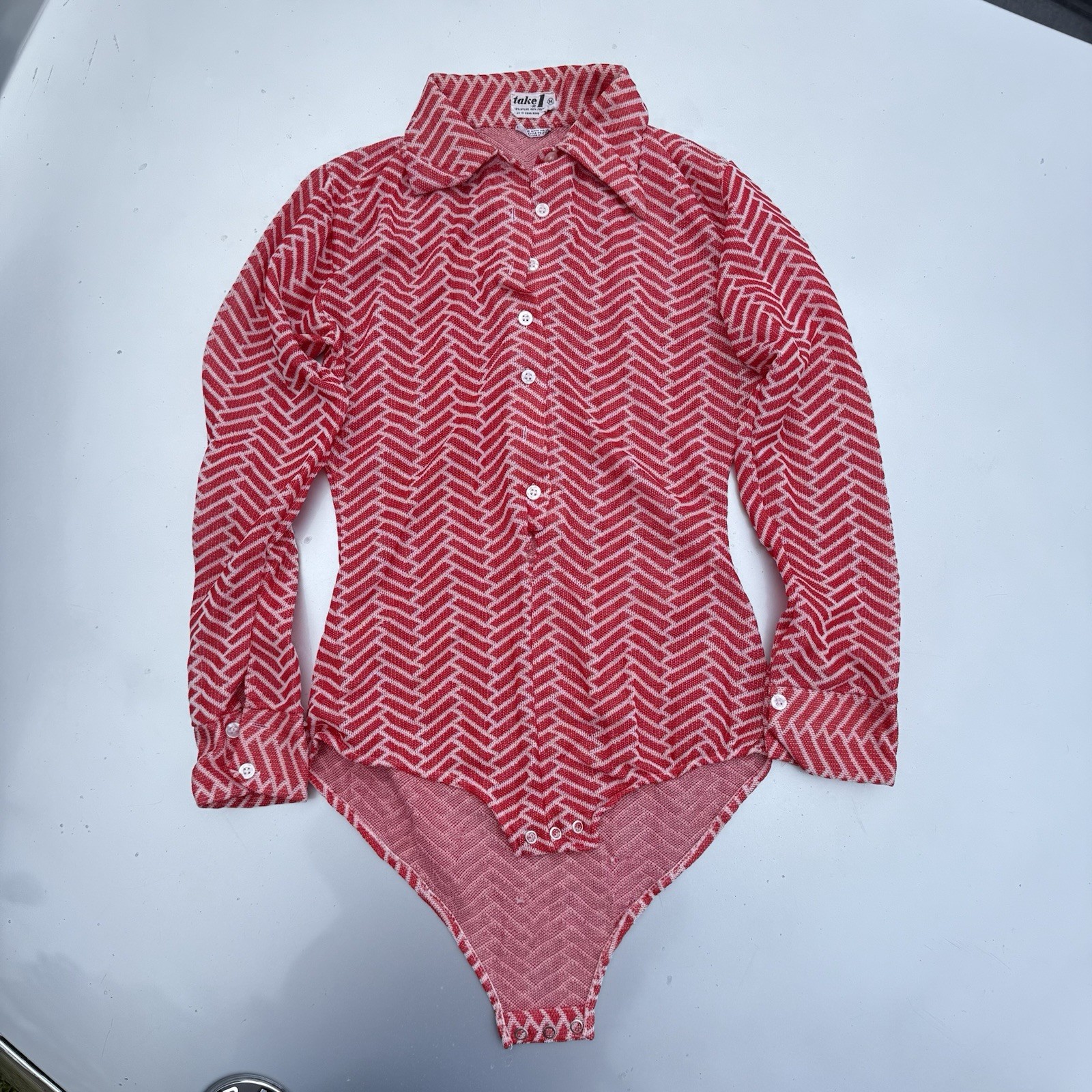 70s Retro Take 1 long-sleeve snap-crotch bodysuit Pointed Collar Nylon Poly SZ M