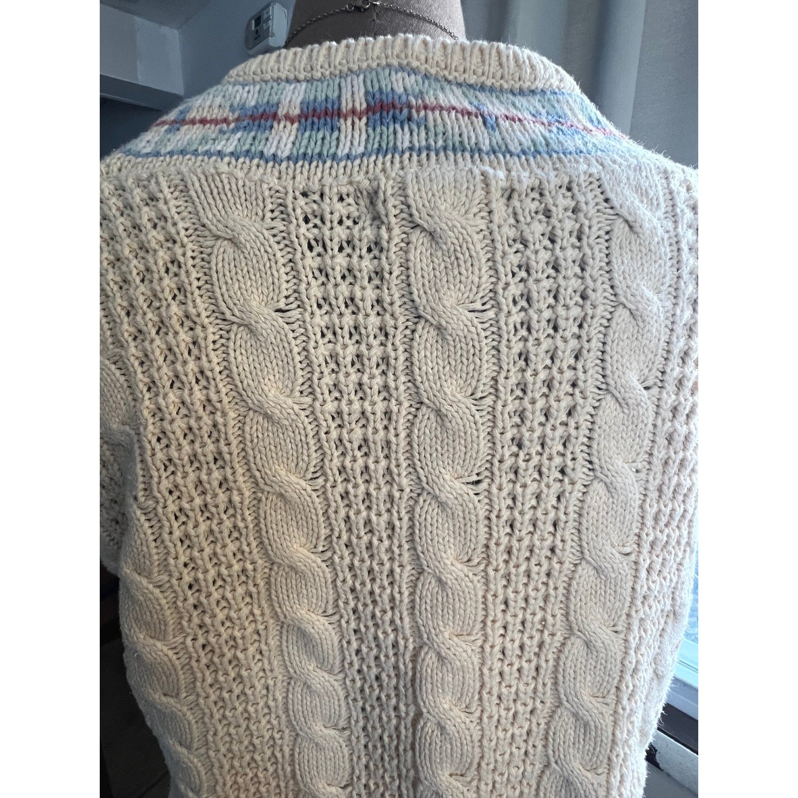 Weathervane Sweater vtg Cable Knit V-Neck Cream argyle neck SM preppy tennis