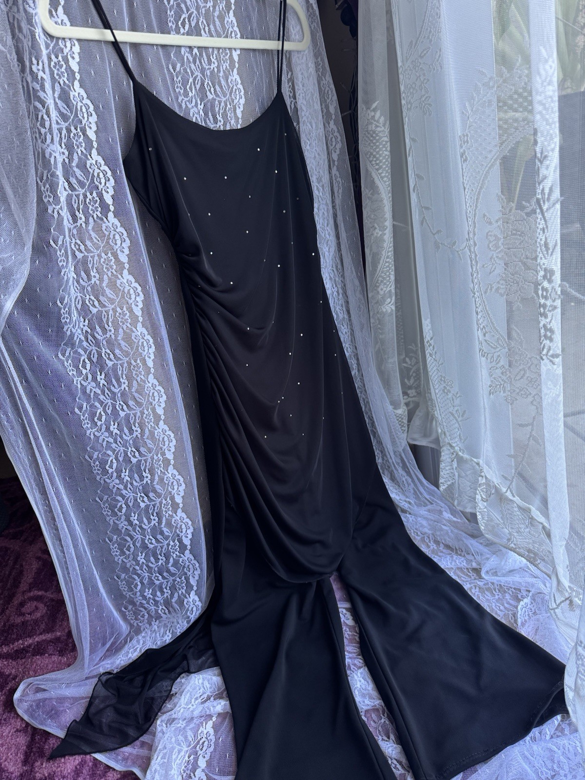 90’s Y2K Vintage Black Rhinestone Jumpsuit Sheer Overlay Made In USA, Size XS-S