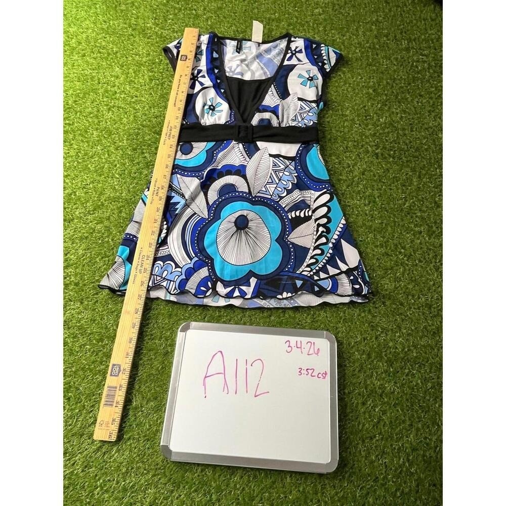 ND New Directions Womens Medium Y2K Tunic Top Waist Tie Blue Black White Retro