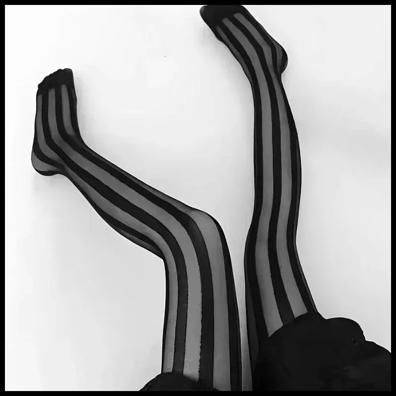 Women’s Vintage Sexy Sheer Wide Vertical Stripe Pantyhose Tights Retro.